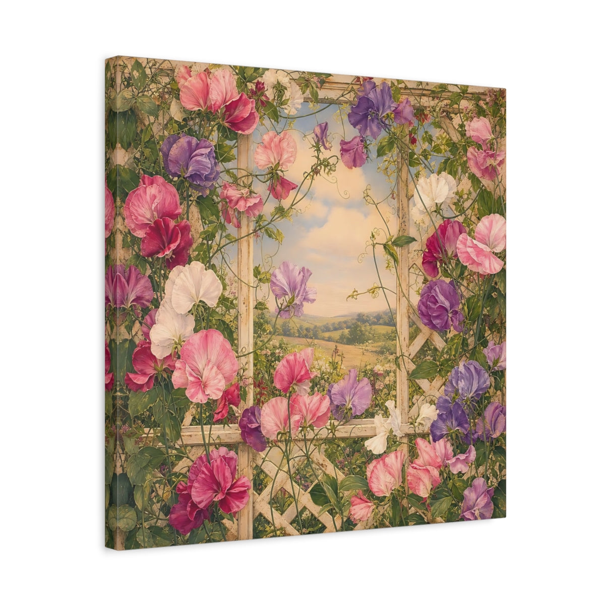 Side Mockup 5. Floral Sweet Peas Pink And Purple shown as stretched canvas wall art