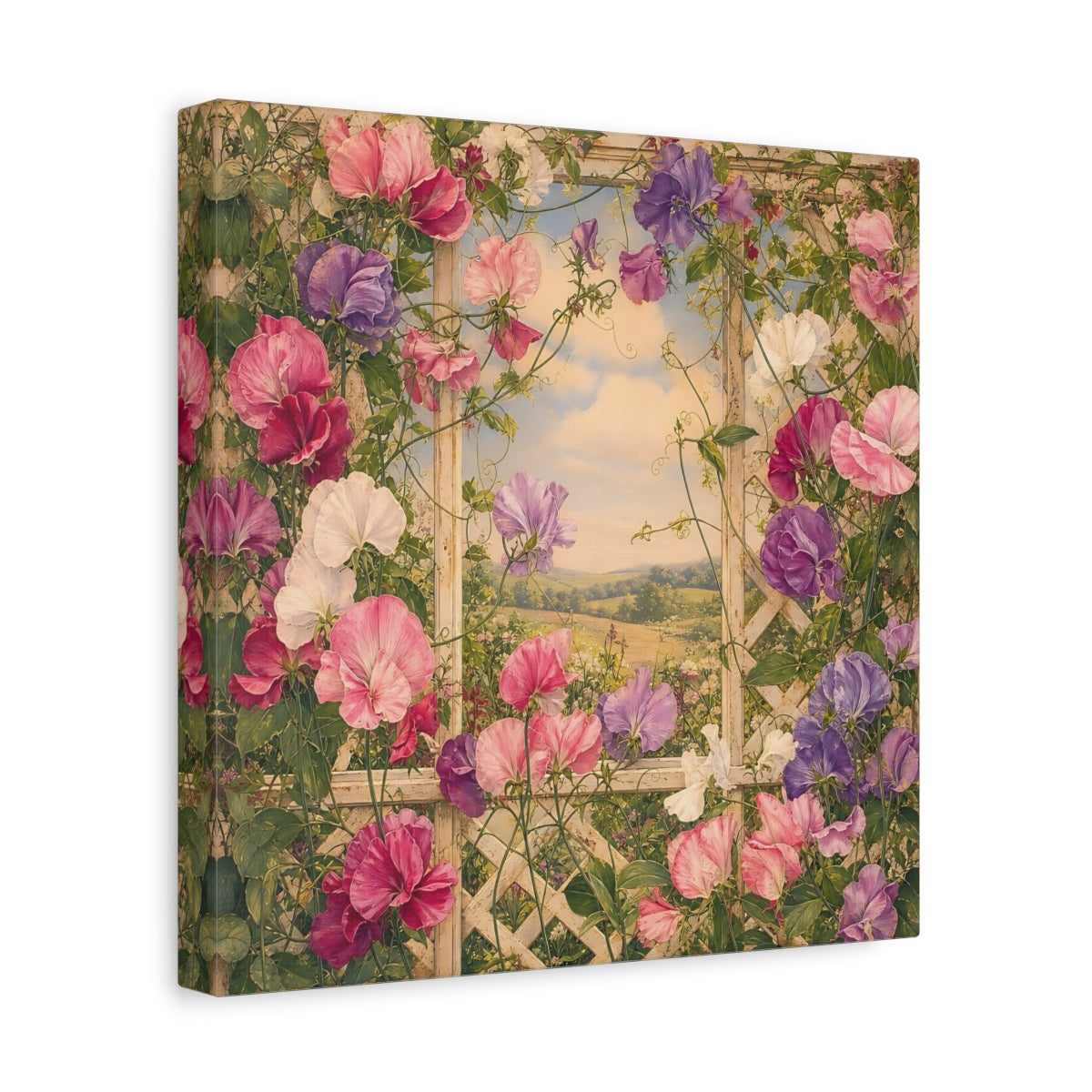 Side Mockup 8. Floral Sweet Peas Pink And Purple shown as stretched canvas wall art