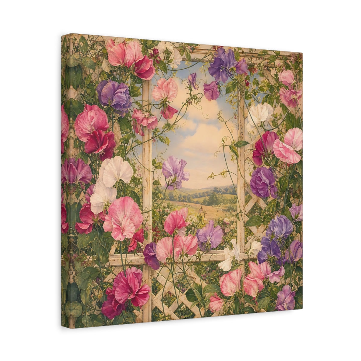 Side Mockup 6. Floral Sweet Peas Pink And Purple shown as stretched canvas wall art