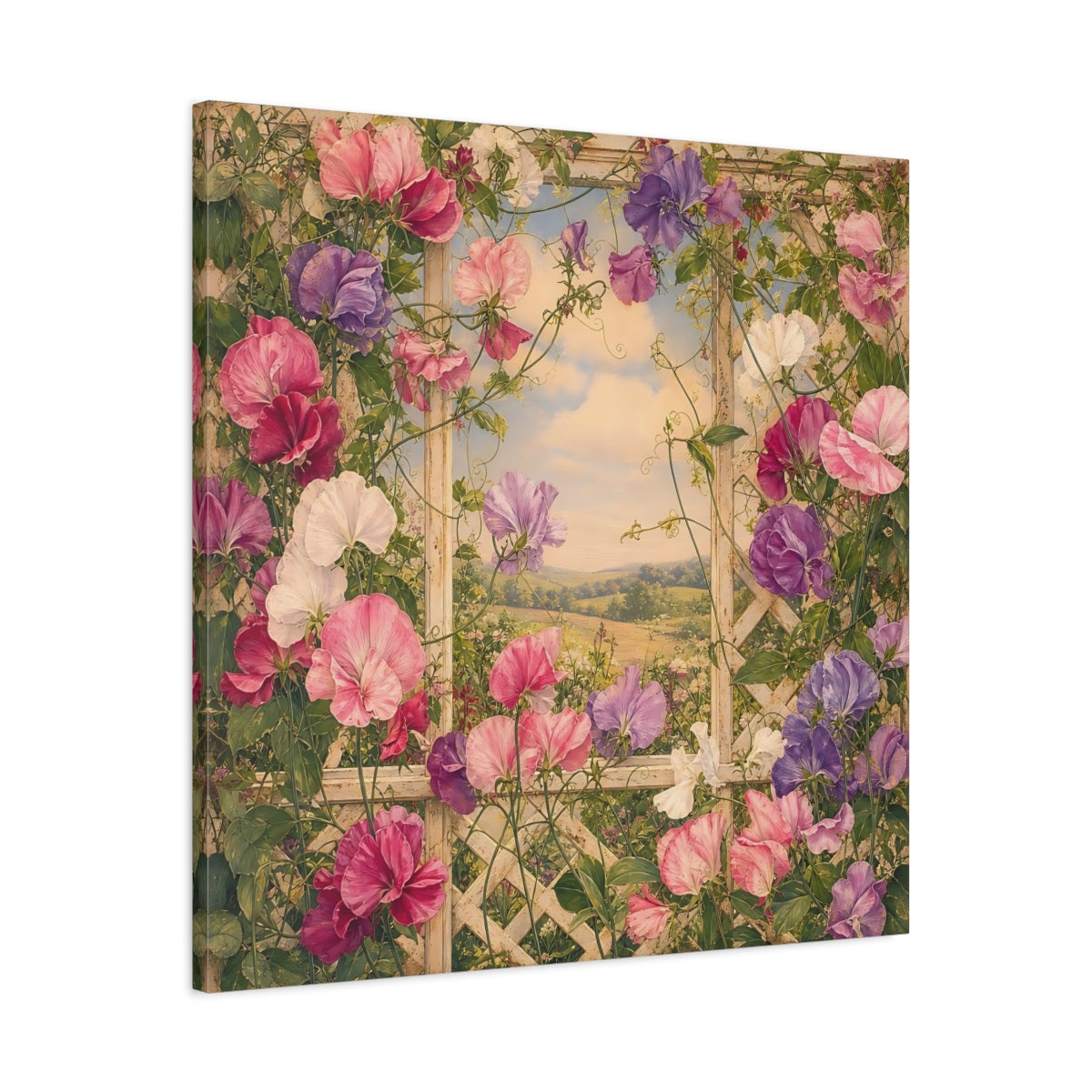 Side Mockup 3. Floral Sweet Peas Pink And Purple shown as stretched canvas wall art