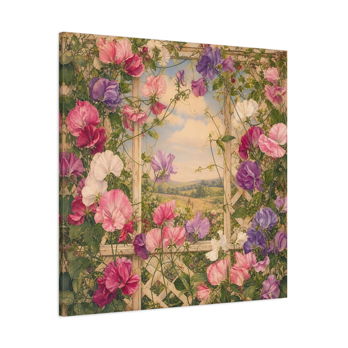 Side Mockup 1. Floral Sweet Peas Pink And Purple shown as stretched canvas wall art