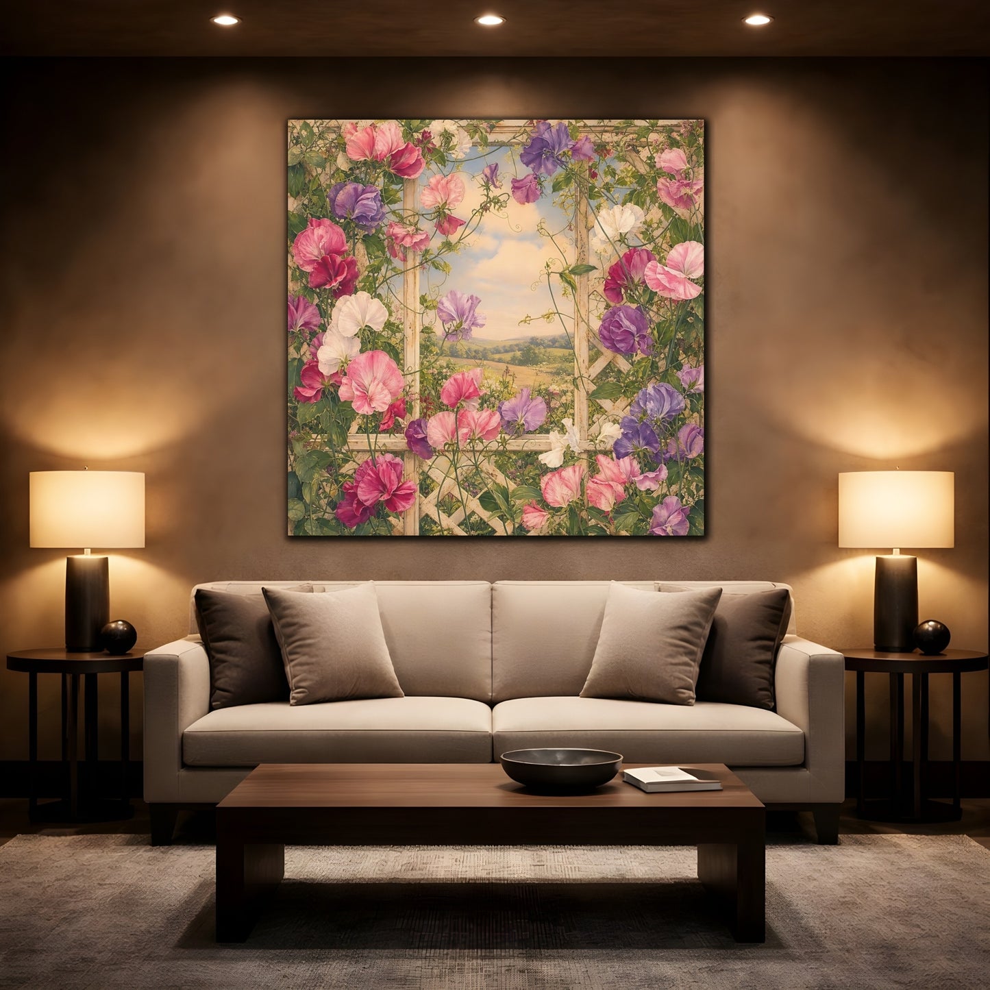 Mockup 2. Floral Sweet Peas Pink And Purple shown as stretched canvas wall art