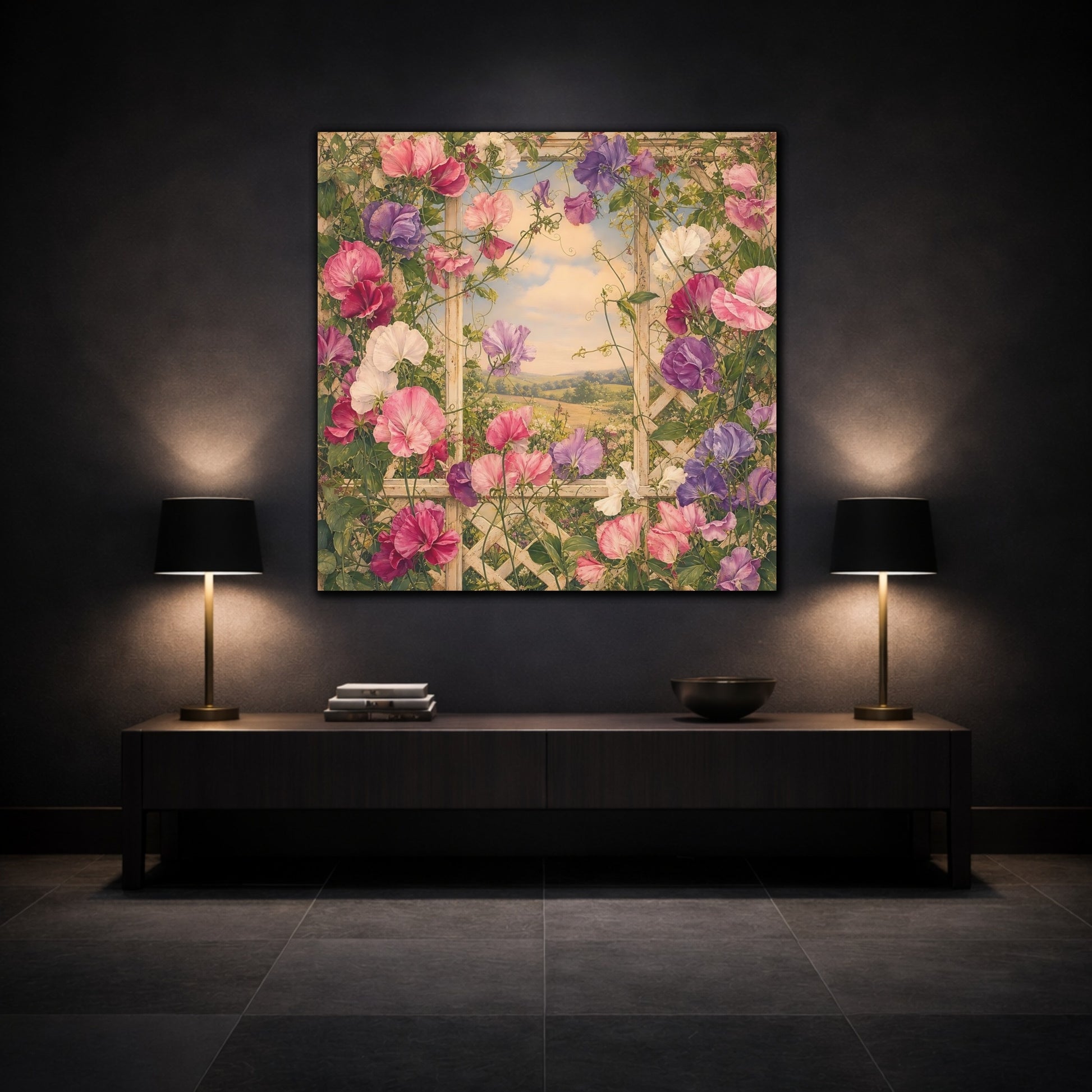 Mockup 3. Floral Sweet Peas Pink And Purple shown as stretched canvas wall art