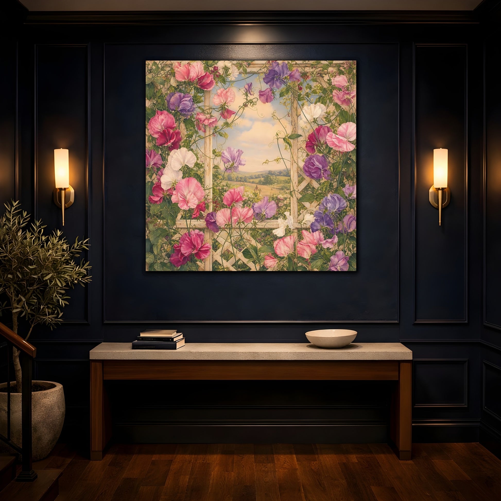 Mockup 4. Floral Sweet Peas Pink And Purple shown as stretched canvas wall art