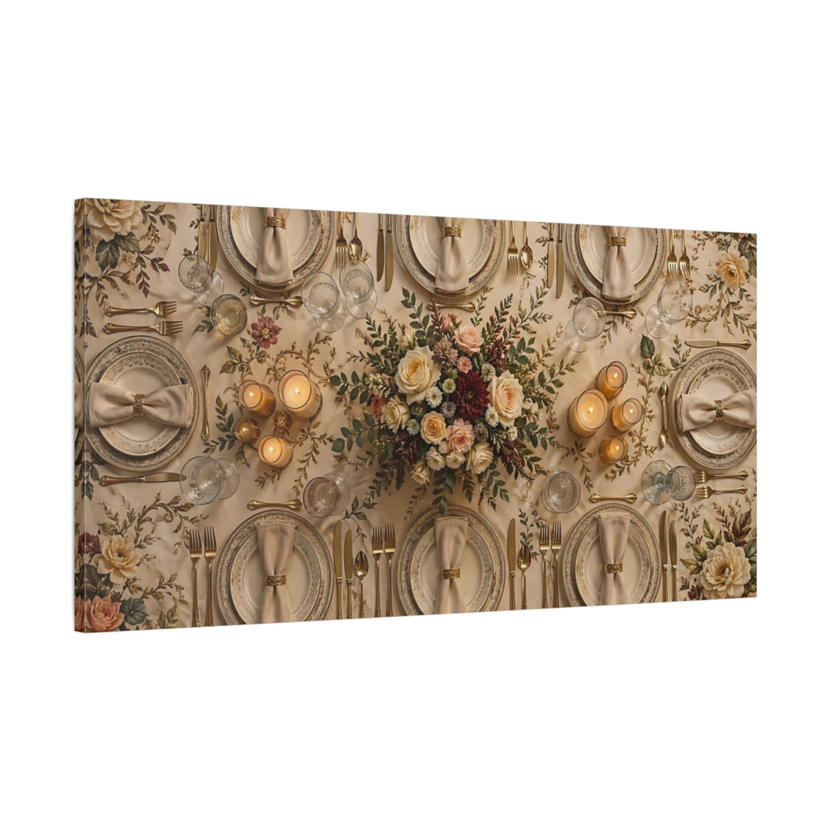 Main Mockup. Floral Table Setting Cream And Gold shown as stretched canvas wall art