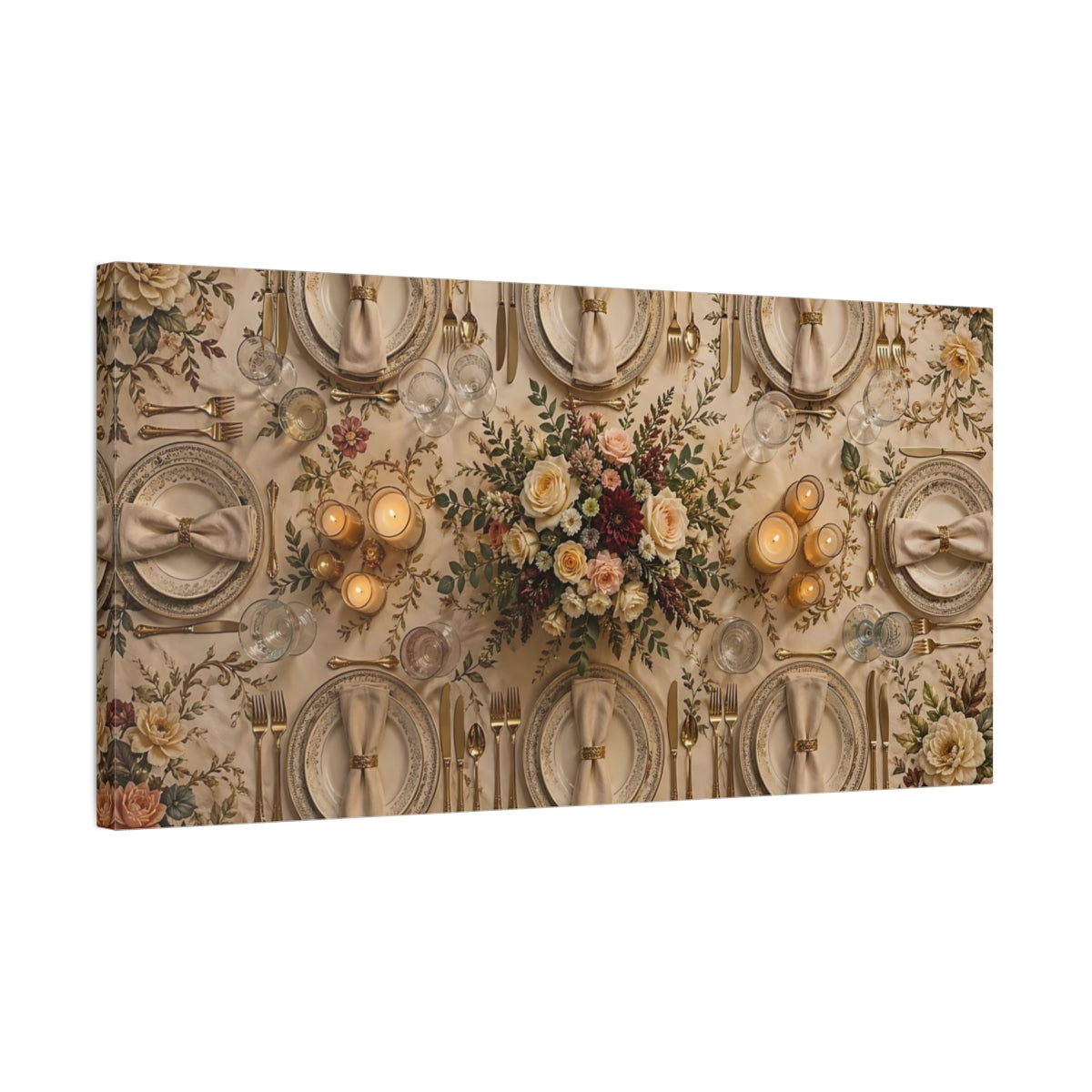 Side Mockup 1. Floral Table Setting Cream And Gold shown as stretched canvas wall art