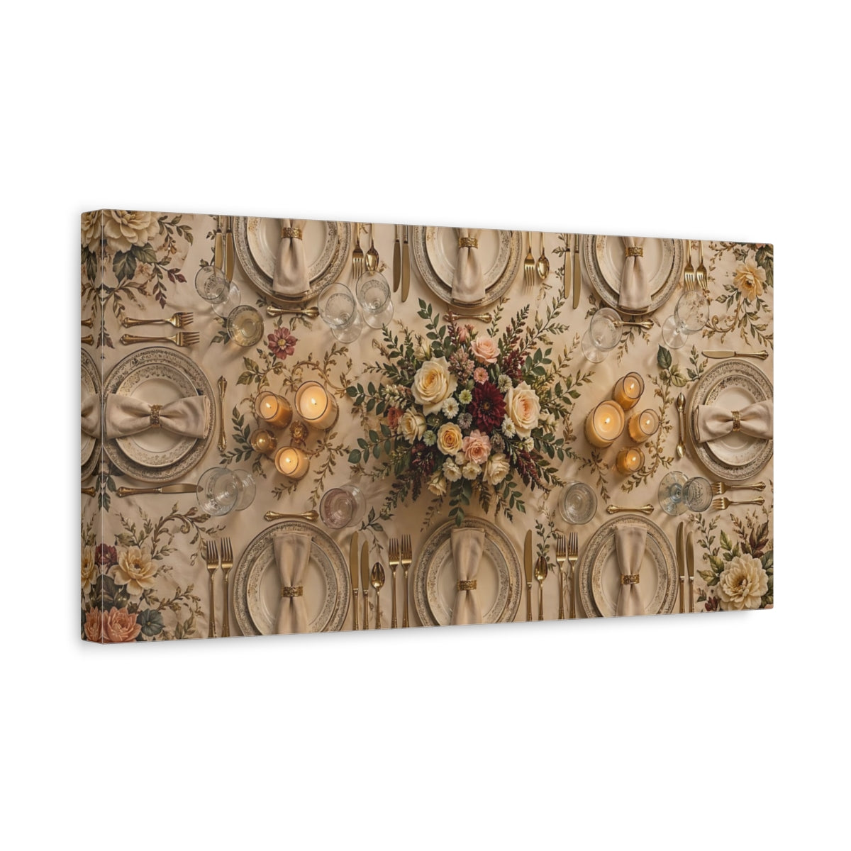 Side Mockup 3. Floral Table Setting Cream And Gold shown as stretched canvas wall art