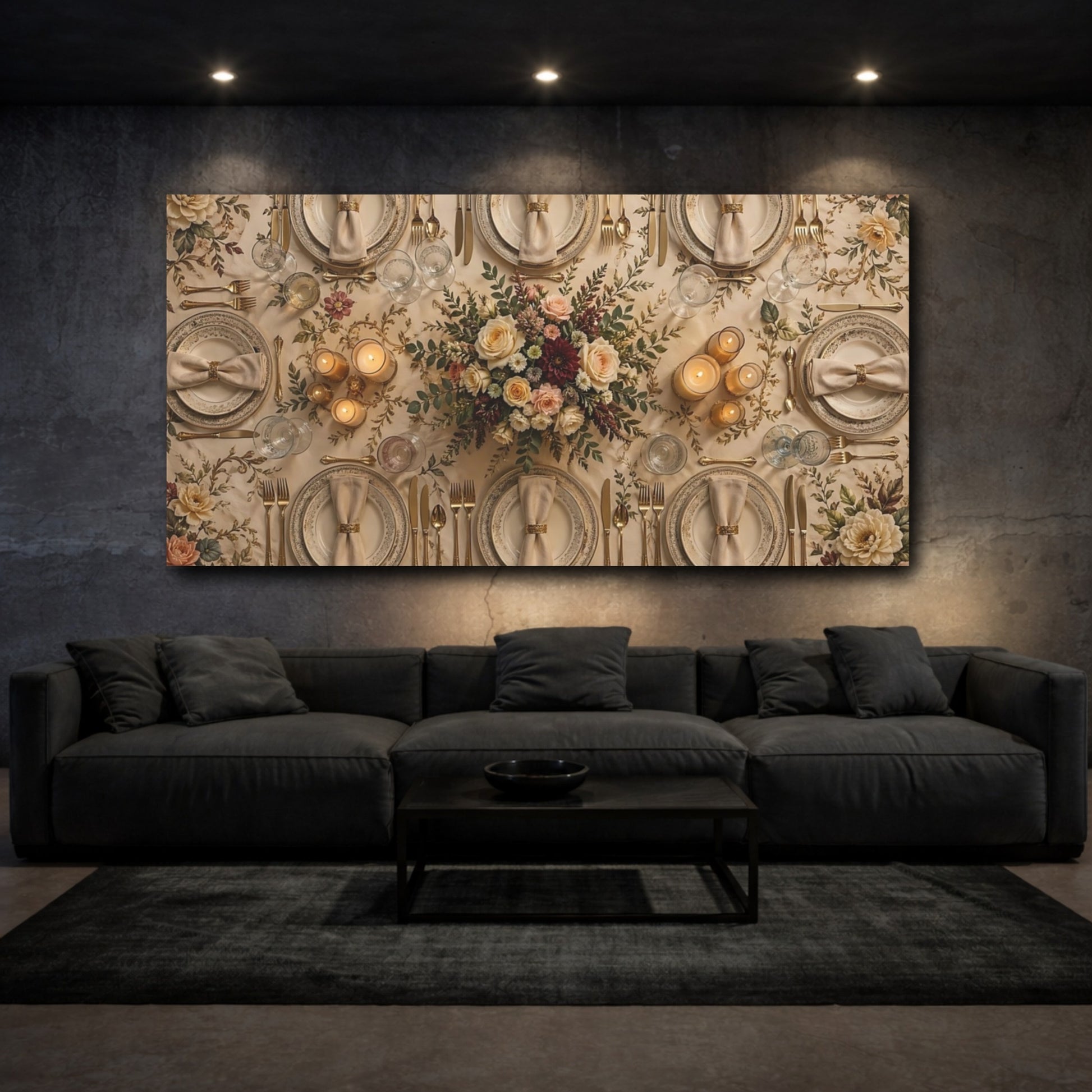 Mockup 2. Floral Table Setting Cream And Gold shown as stretched canvas wall art