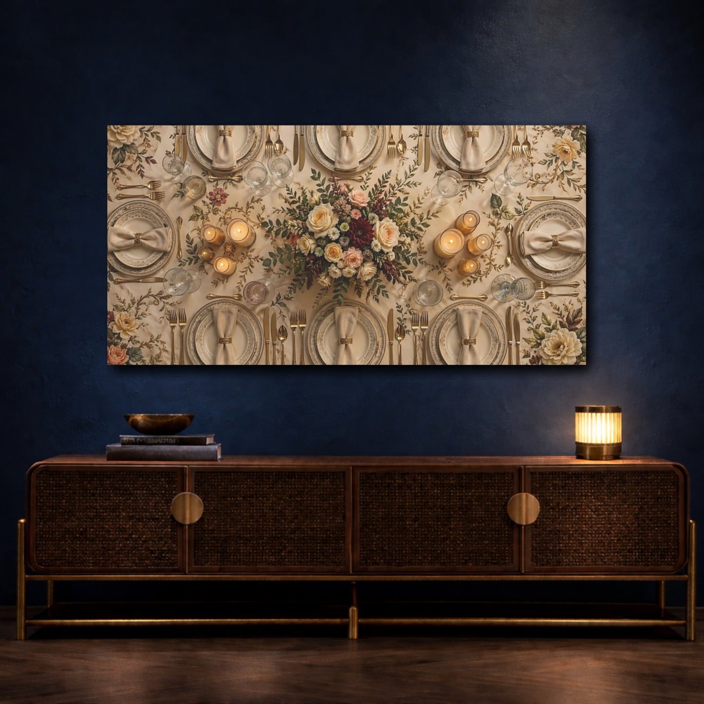 Mockup 3. Floral Table Setting Cream And Gold shown as stretched canvas wall art