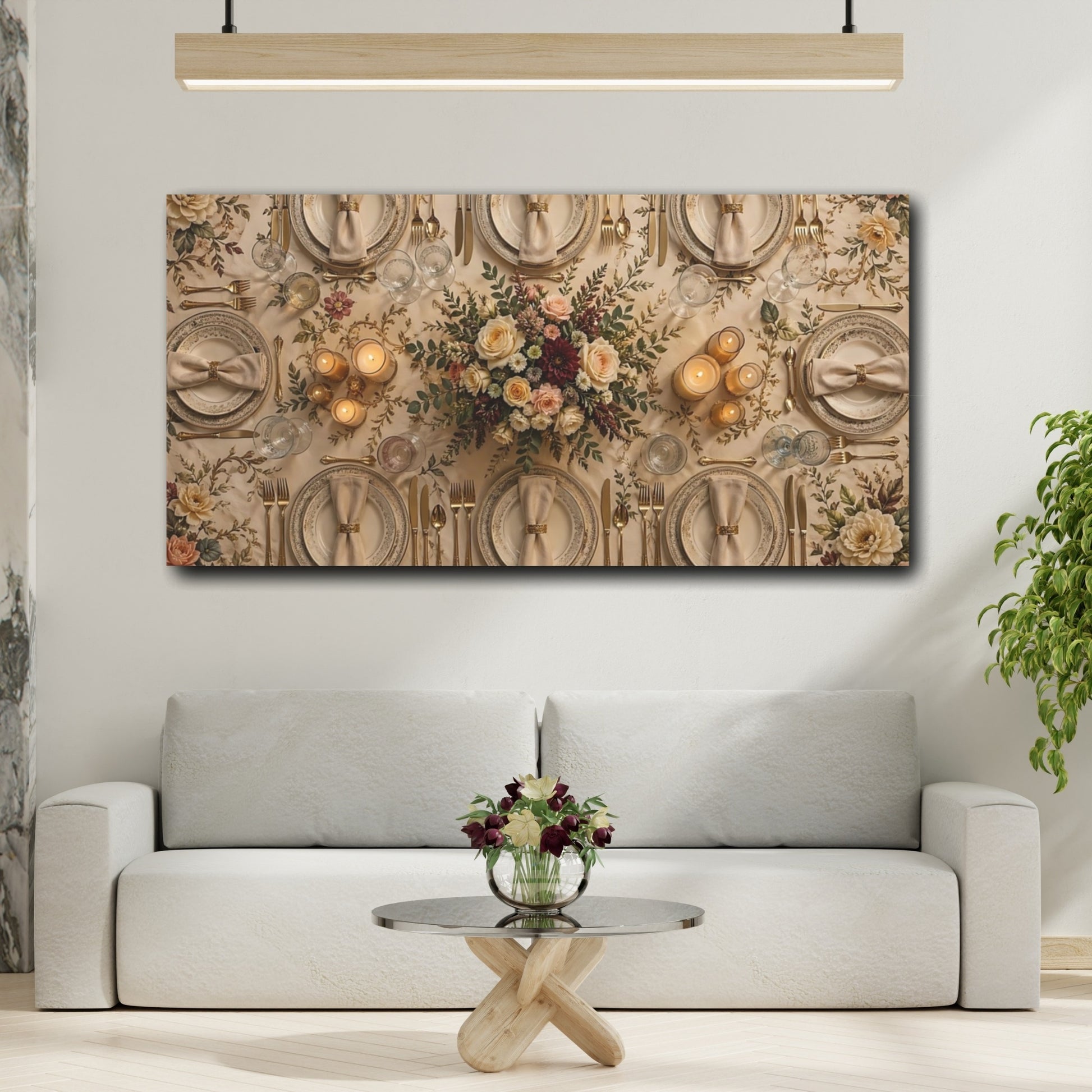 Mockup 4. Floral Table Setting Cream And Gold shown as stretched canvas wall art