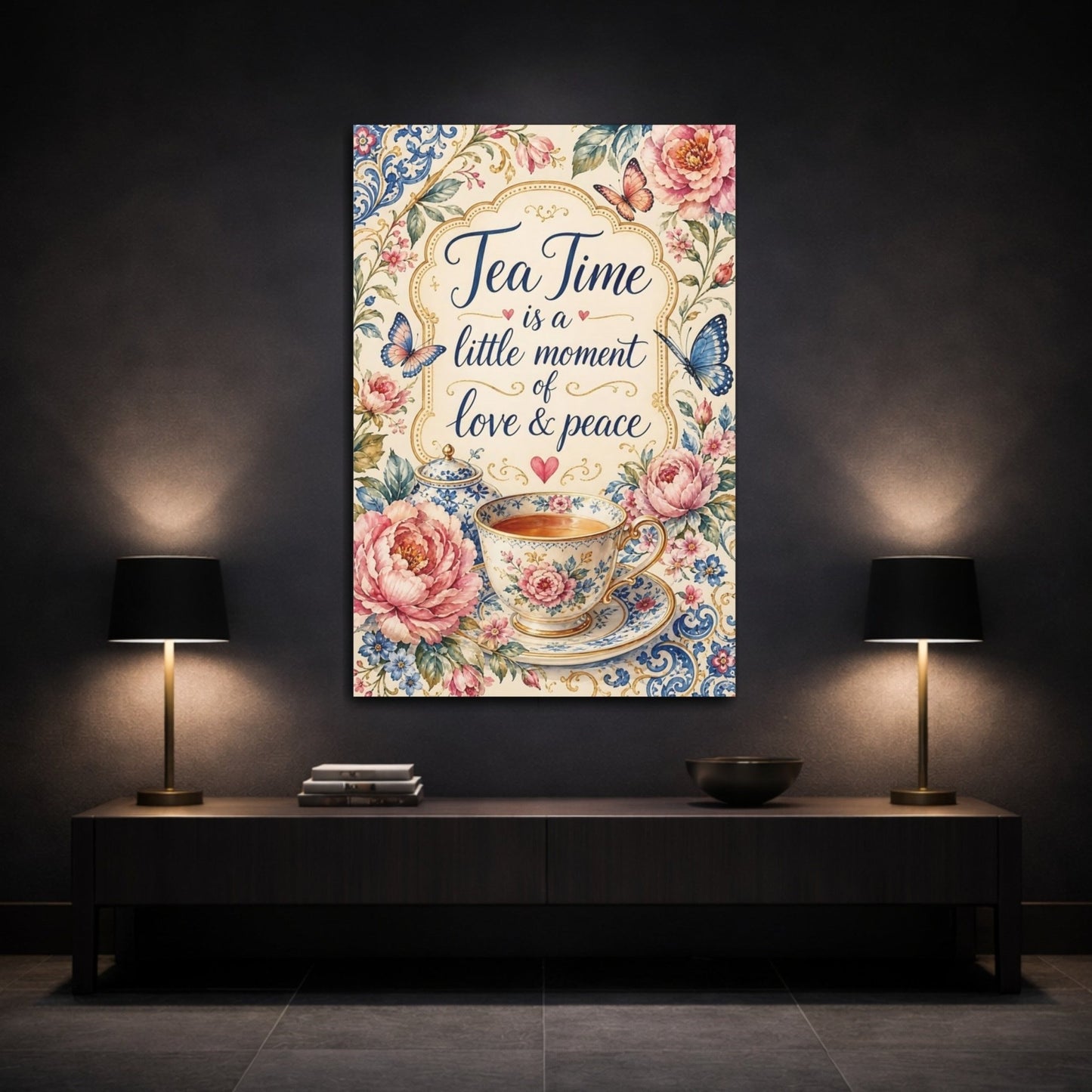Floral Tea Cup Pink Blue Canvas Wall Art Print – Vintage Living Room, Above Sofa - YesArtYes