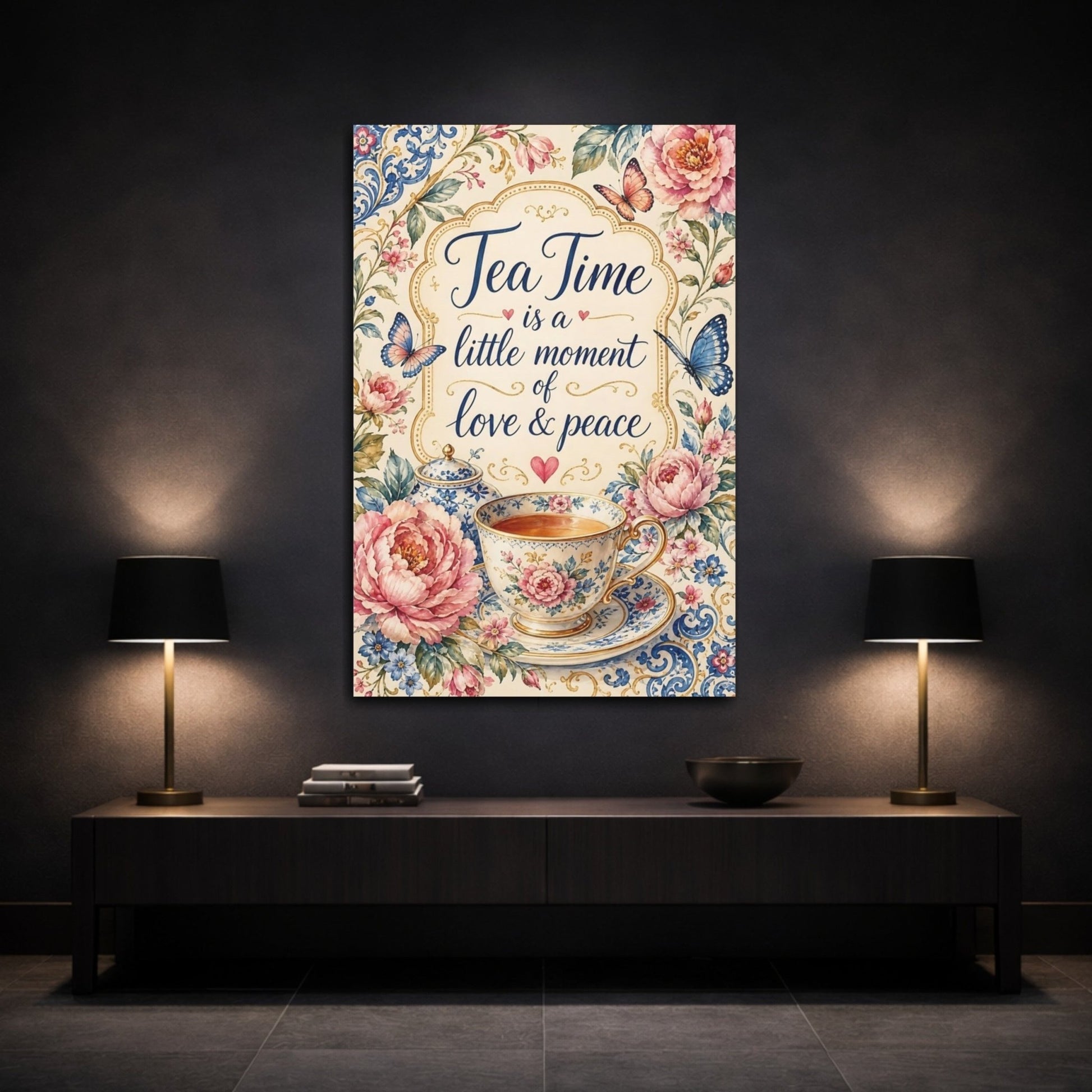 Floral Tea Cup Pink Blue Canvas Wall Art Print – Vintage Living Room, Above Sofa - YesArtYes
