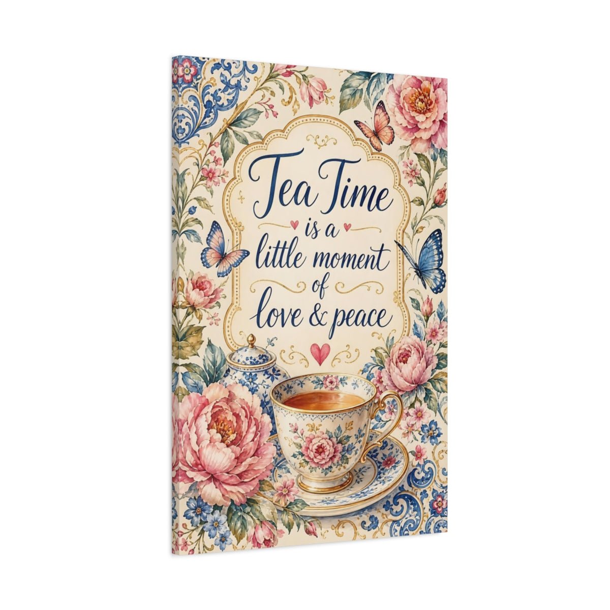 Floral Tea Cup Pink Blue Canvas Wall Art Print – Vintage Living Room, Above Sofa - YesArtYes