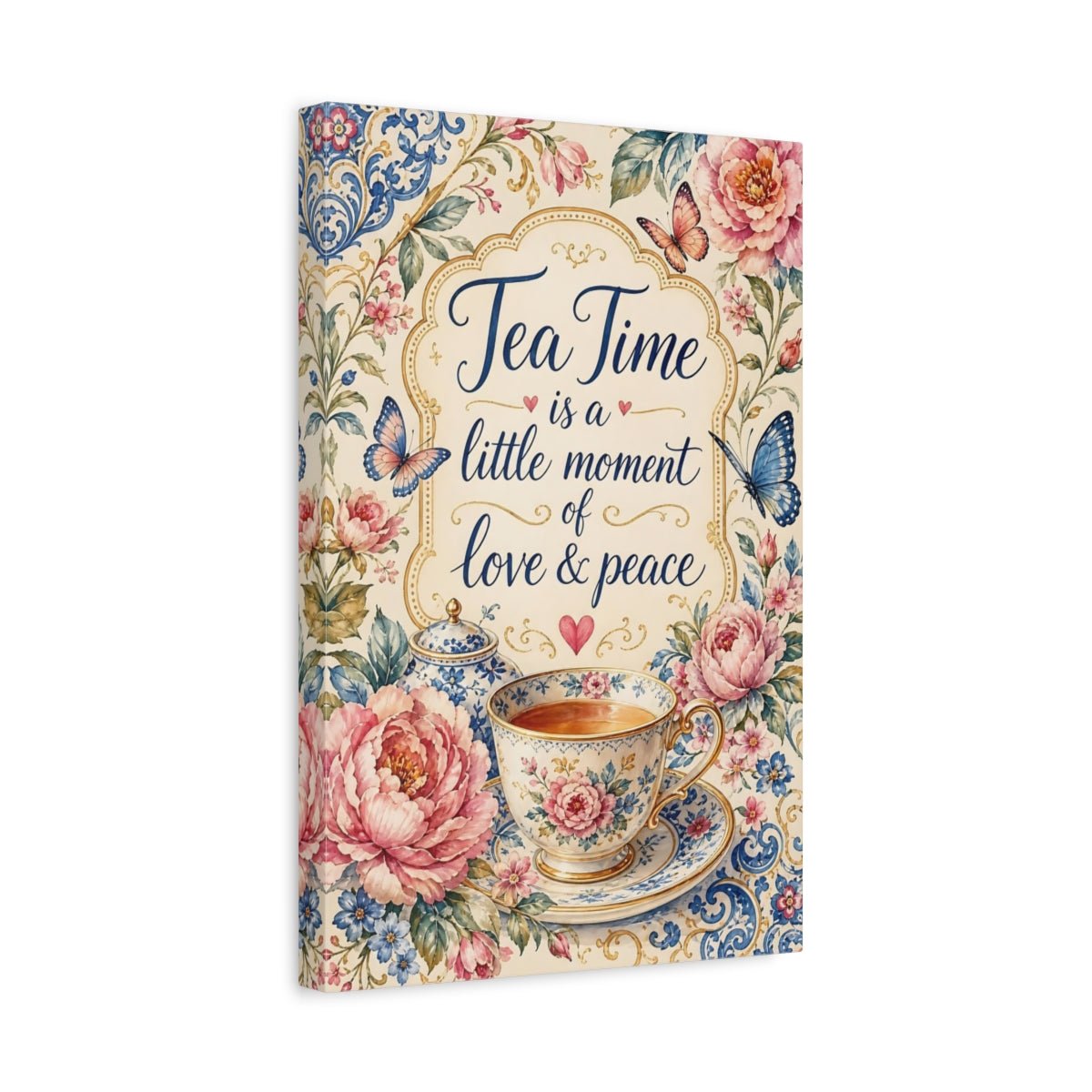 Floral Tea Cup Pink Blue Canvas Wall Art Print – Vintage Living Room, Above Sofa - YesArtYes