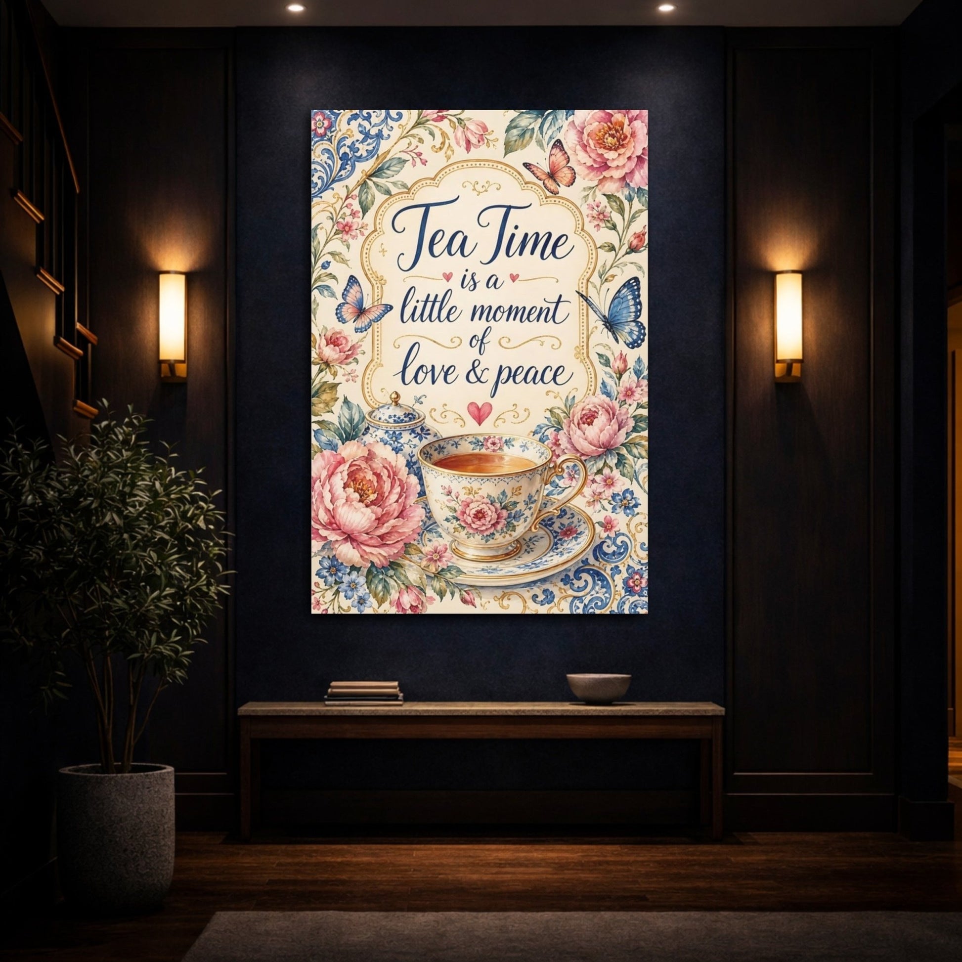 Floral Tea Cup Pink Blue Canvas Wall Art Print – Vintage Living Room, Above Sofa - YesArtYes