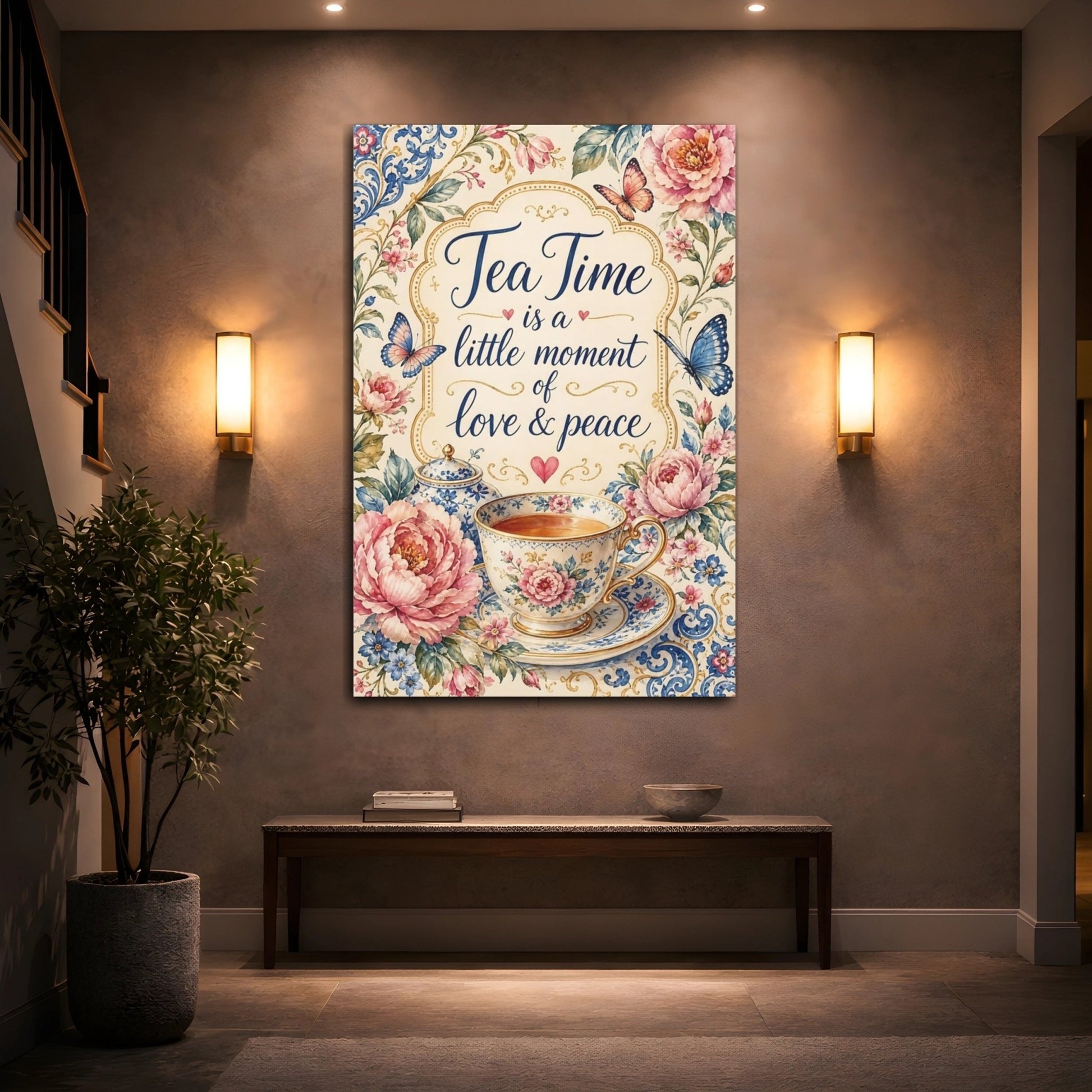 Floral Tea Cup Pink Blue Canvas Wall Art Print – Vintage Living Room, Above Sofa - YesArtYes