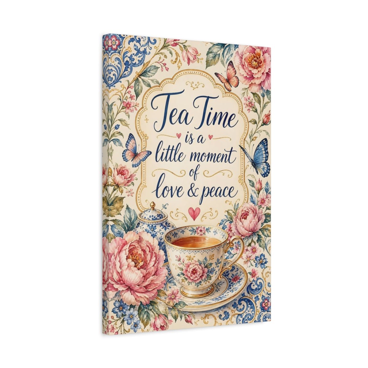 Floral Tea Cup Pink Blue Canvas Wall Art Print – Vintage Living Room, Above Sofa - YesArtYes