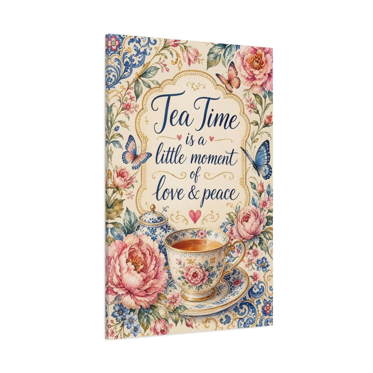 Floral Tea Cup Pink Blue Canvas Wall Art Print – Vintage Living Room, Above Sofa - YesArtYes