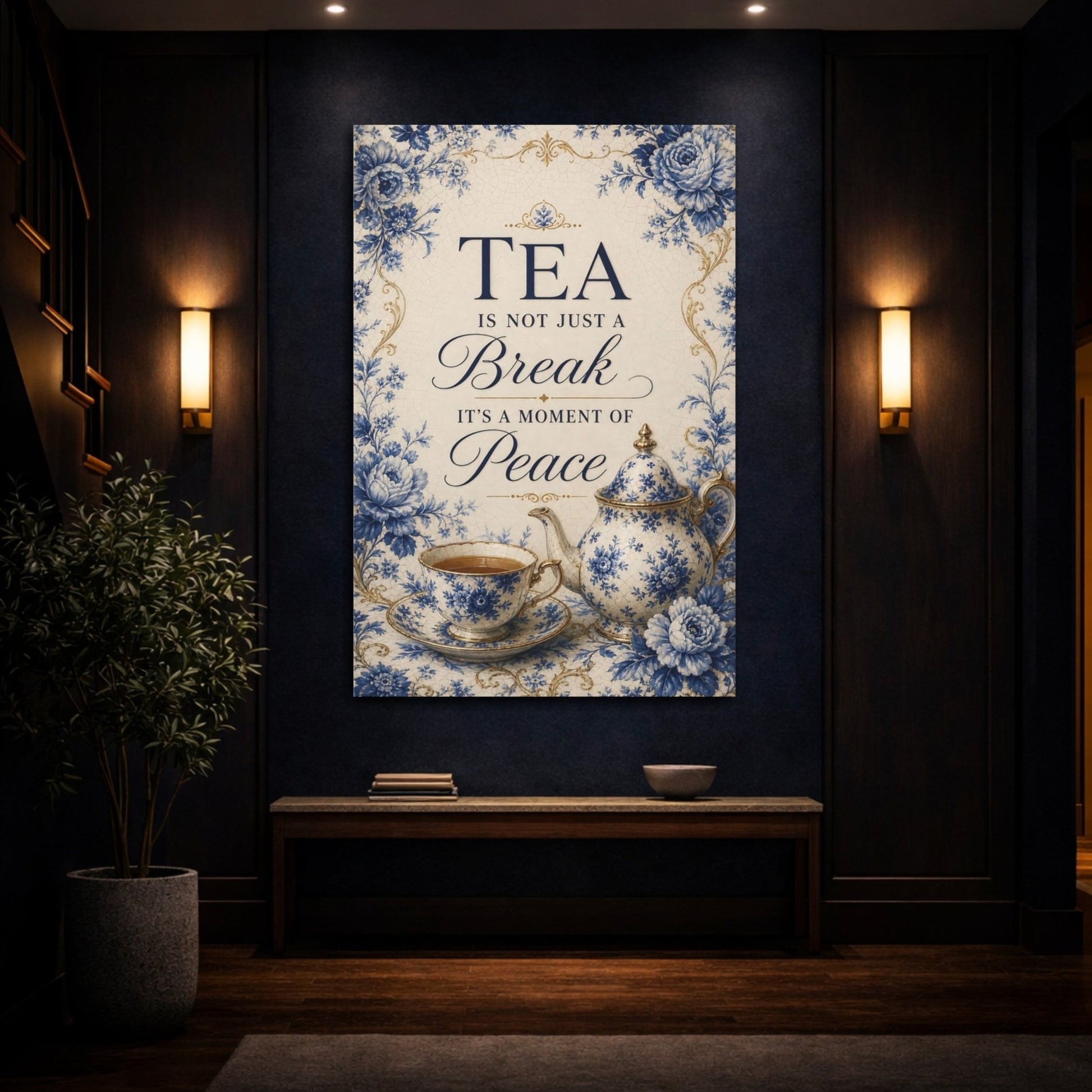 Floral Tea Set Blue And White Canvas Print – Kitchen, Wall, - YesArtYes