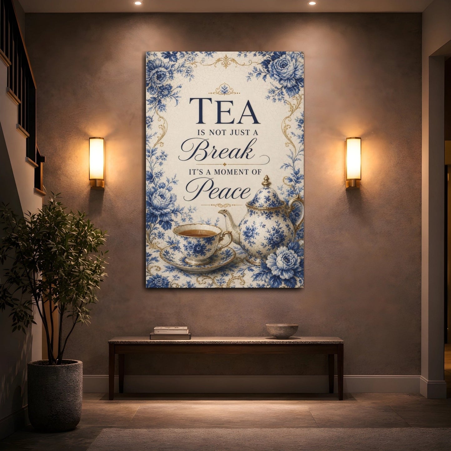 Floral Tea Set Blue And White Canvas Print – Kitchen, Wall, - YesArtYes