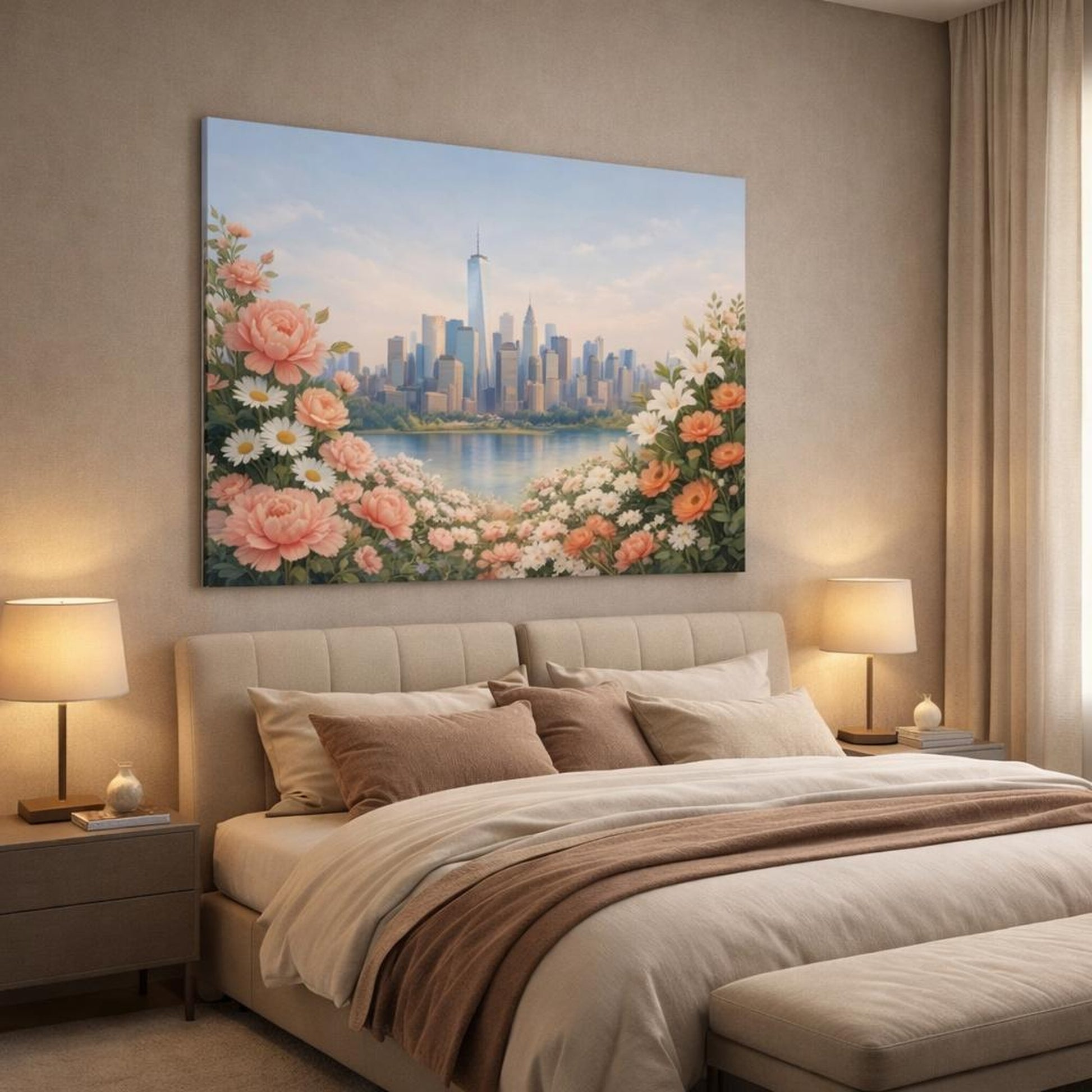Floral Textured Modern Skyline shown as canvas wall art in a luxury bedroom