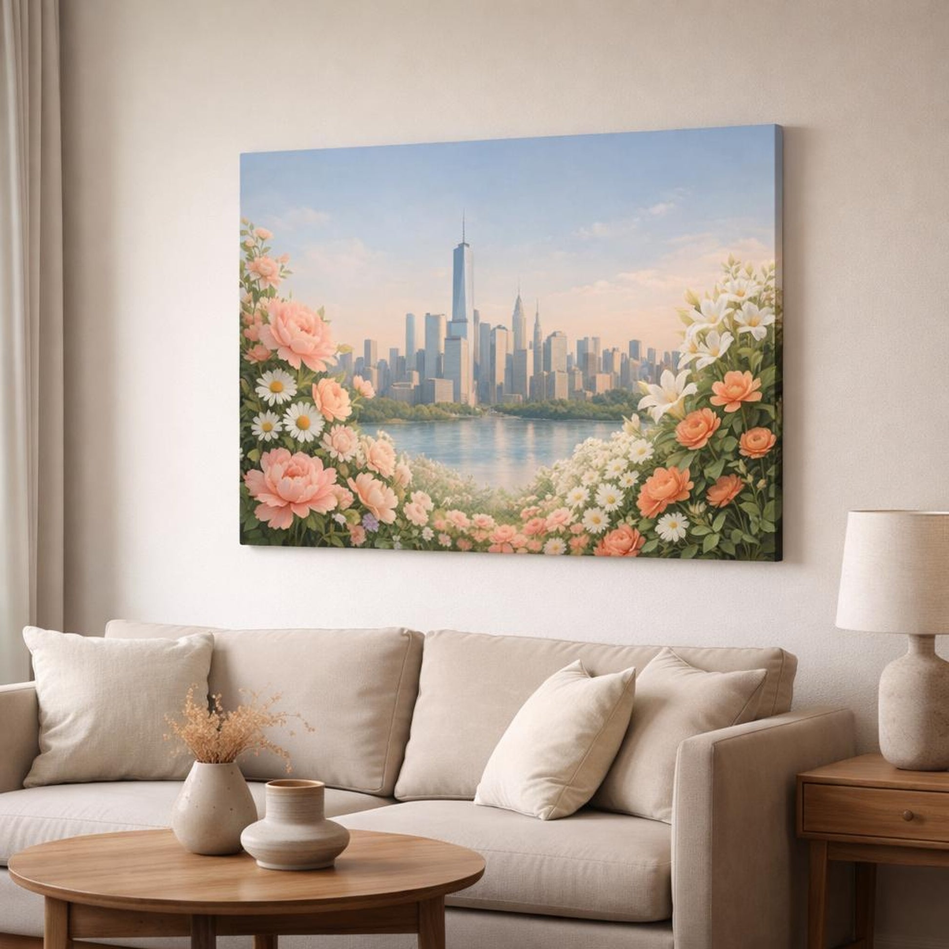 Floral Textured Modern Skyline shown as canvas wall art in a modern living room