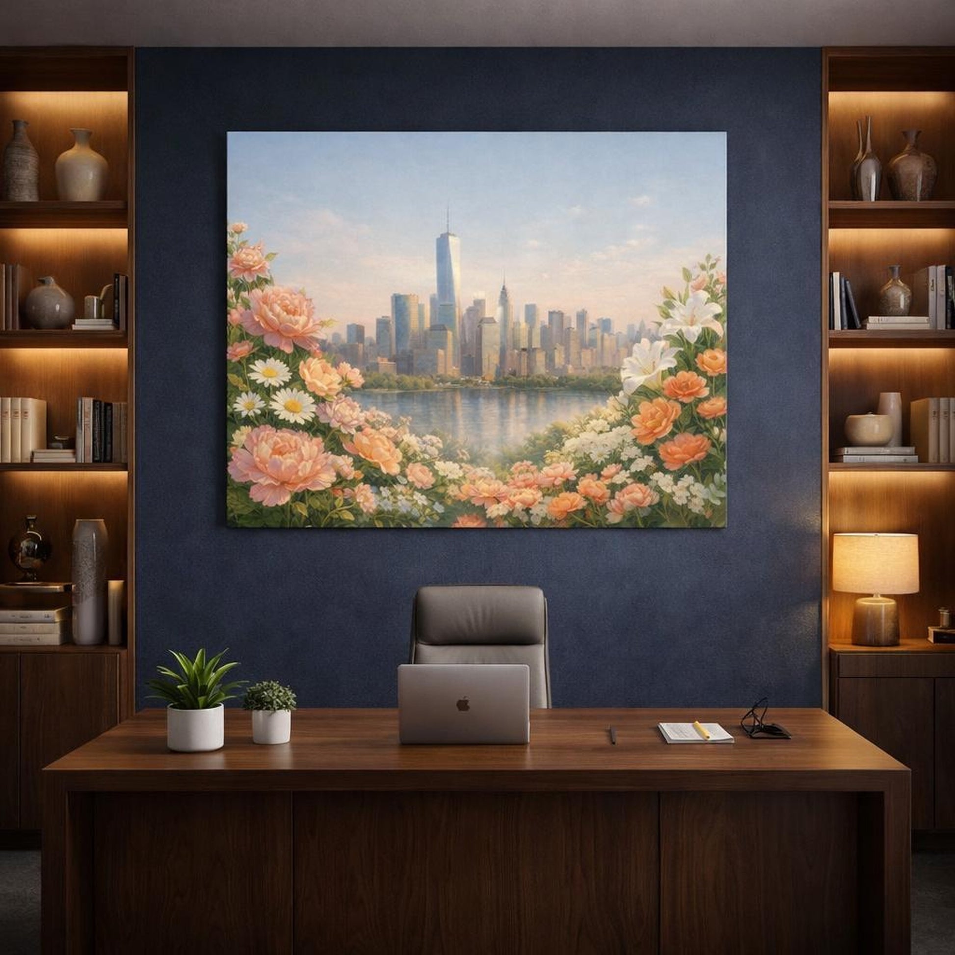 Floral Textured Modern Skyline shown as canvas wall art in a refined dining room
