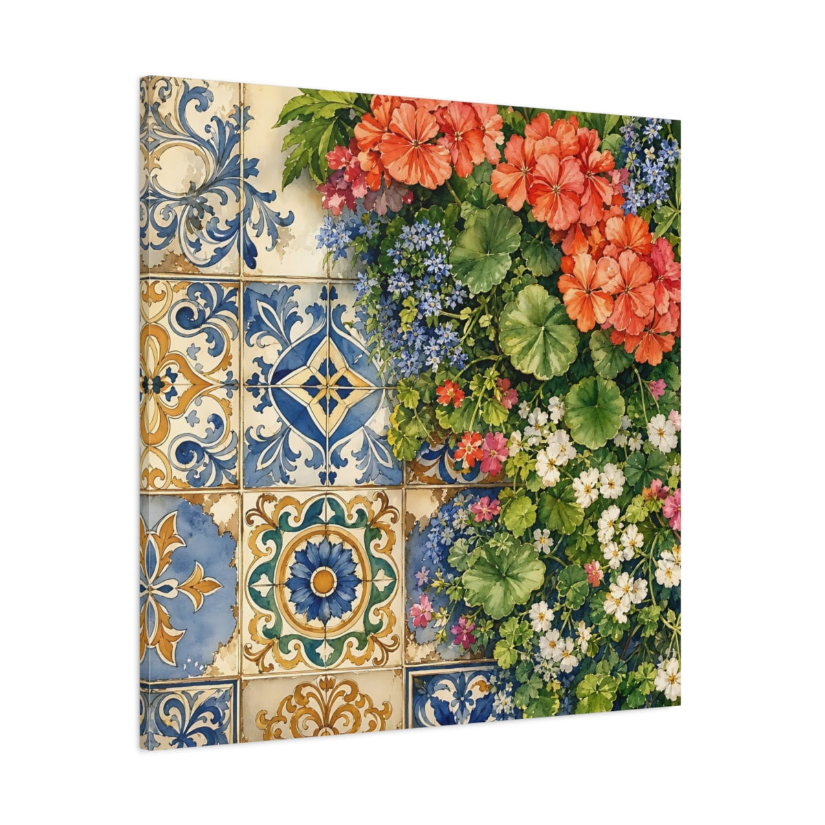 Side Mockup 1. Floral Floral Tiles Colorful Floral Tiles shown as stretched canvas wall art