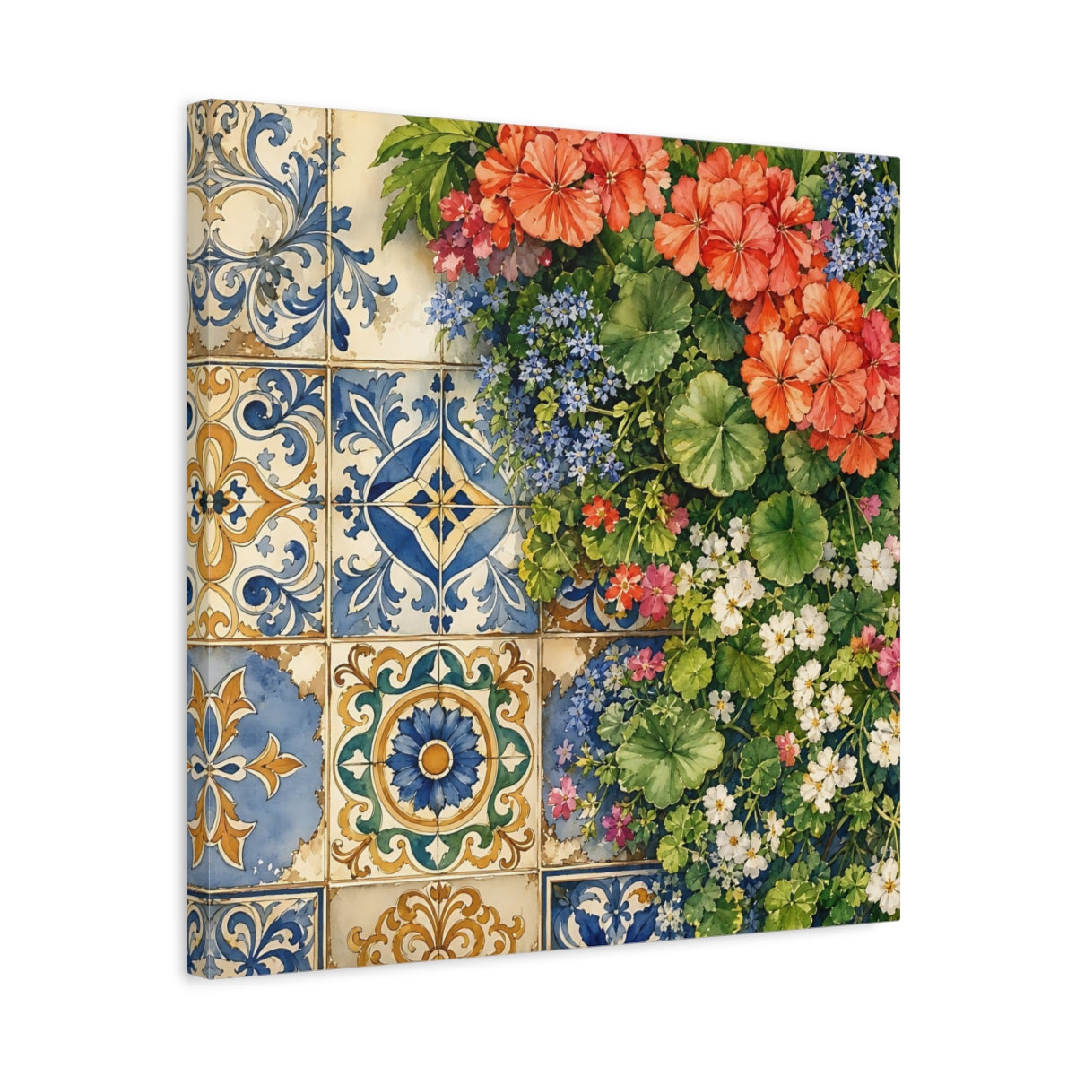 Side Mockup 5. Floral Floral Tiles Colorful Floral Tiles shown as stretched canvas wall art
