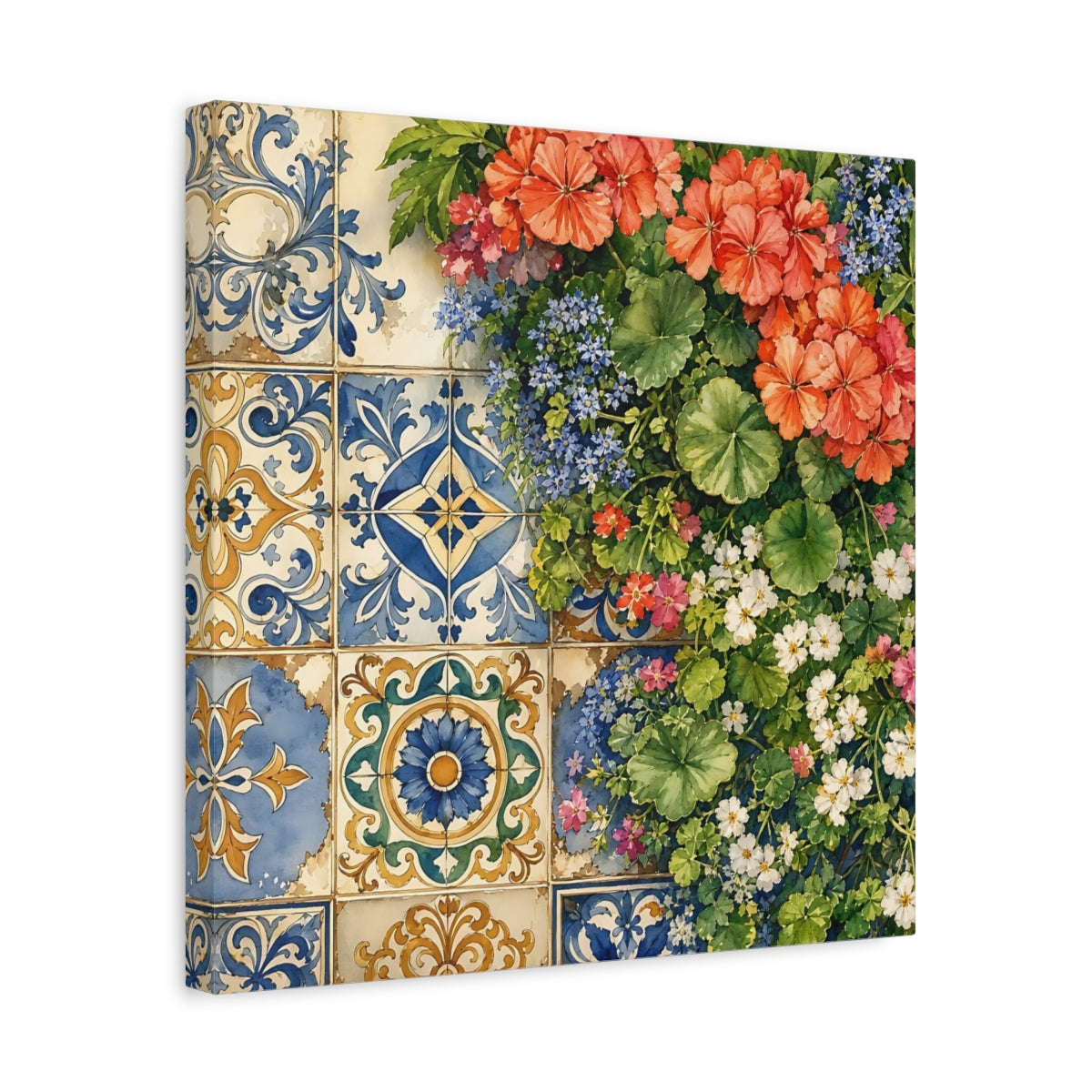 Side Mockup 6. Floral Floral Tiles Colorful Floral Tiles shown as stretched canvas wall art