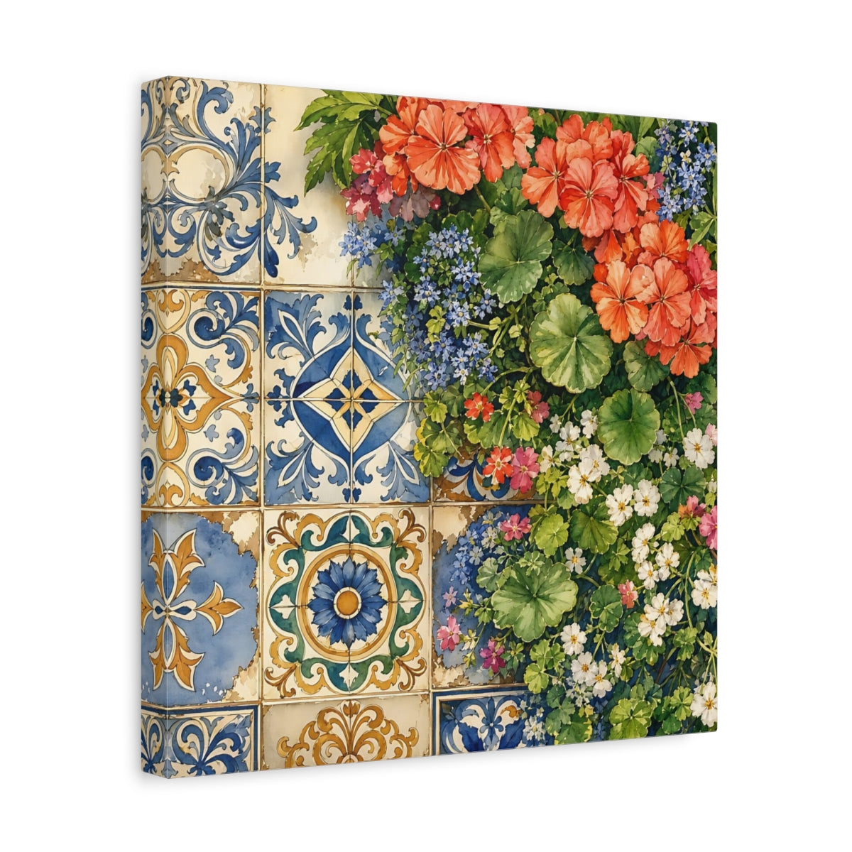 Side Mockup 7. Floral Floral Tiles Colorful Floral Tiles shown as stretched canvas wall art
