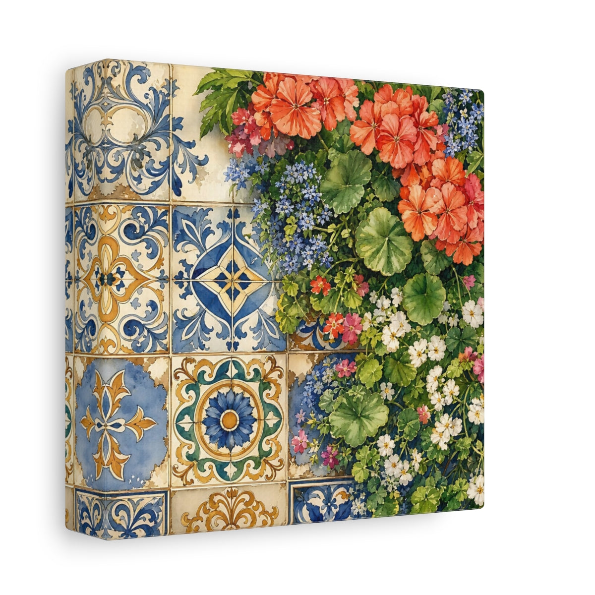 Side Mockup 2. Floral Floral Tiles Colorful Floral Tiles shown as stretched canvas wall art