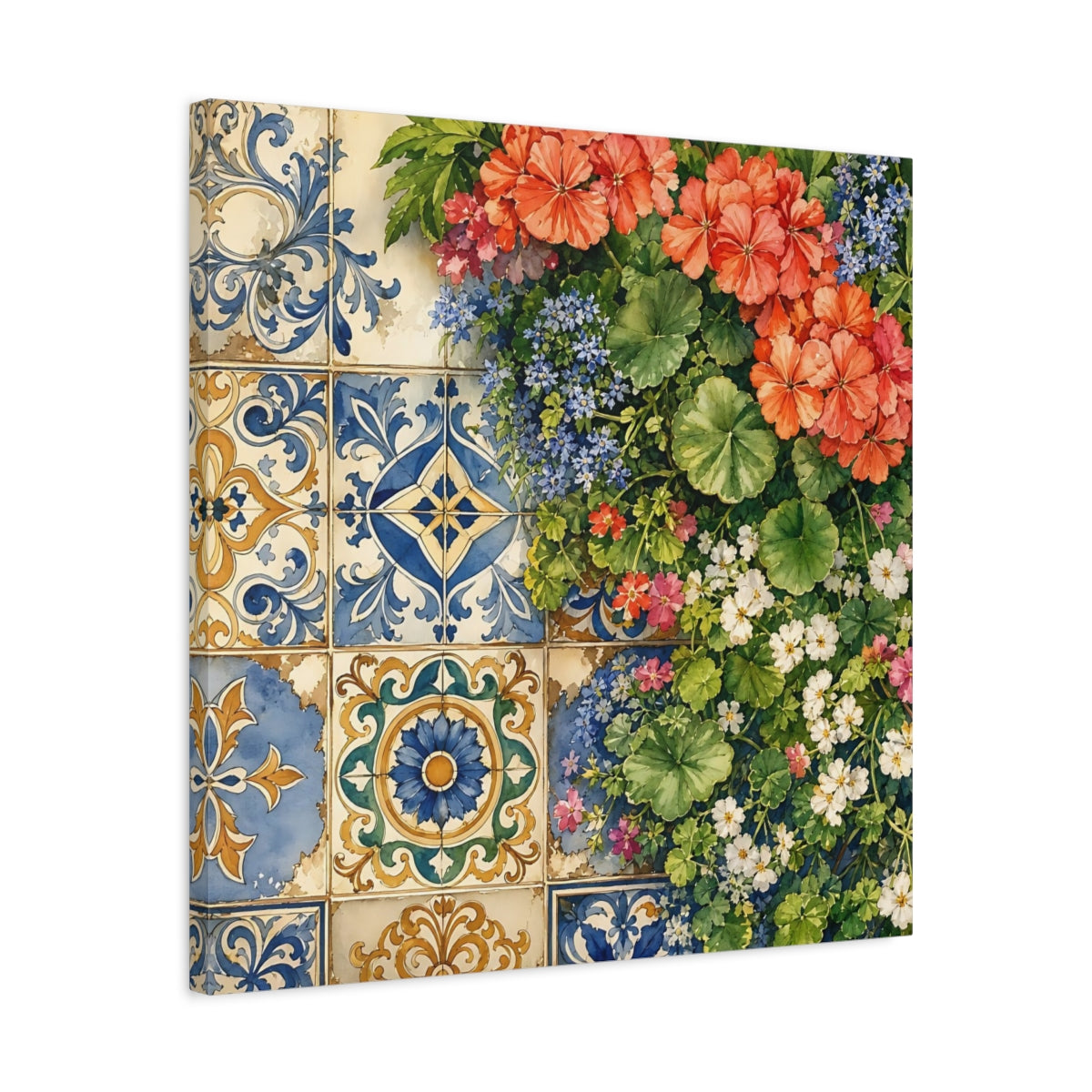 Side Mockup 4. Floral Floral Tiles Colorful Floral Tiles shown as stretched canvas wall art