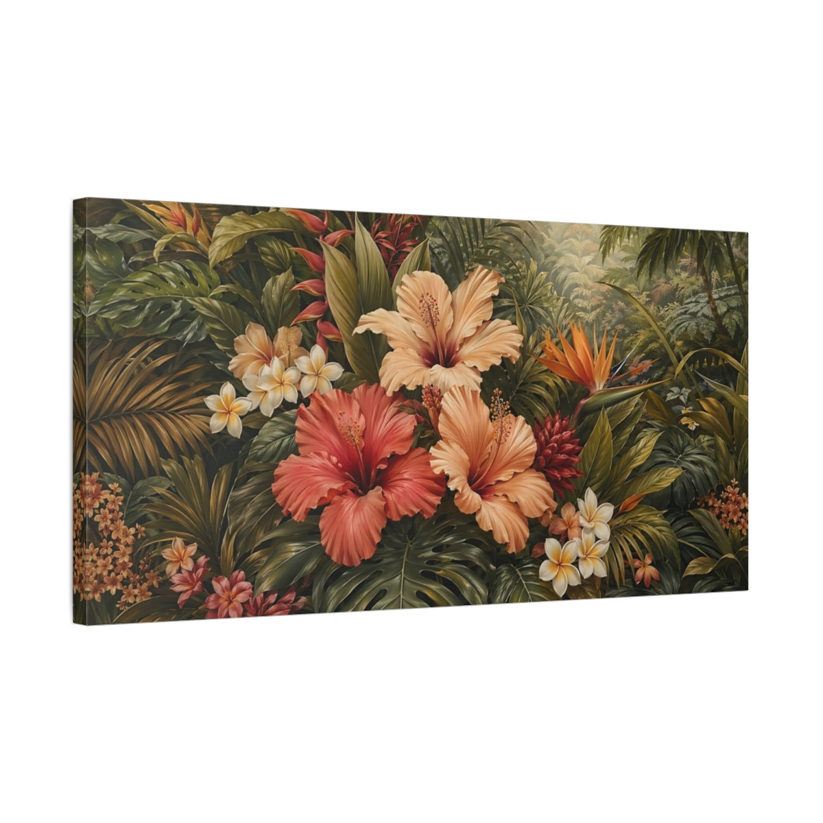 Side Mockup 1. Floral Tropical Flowers Lush Tropical Floral shown as stretched canvas wall art