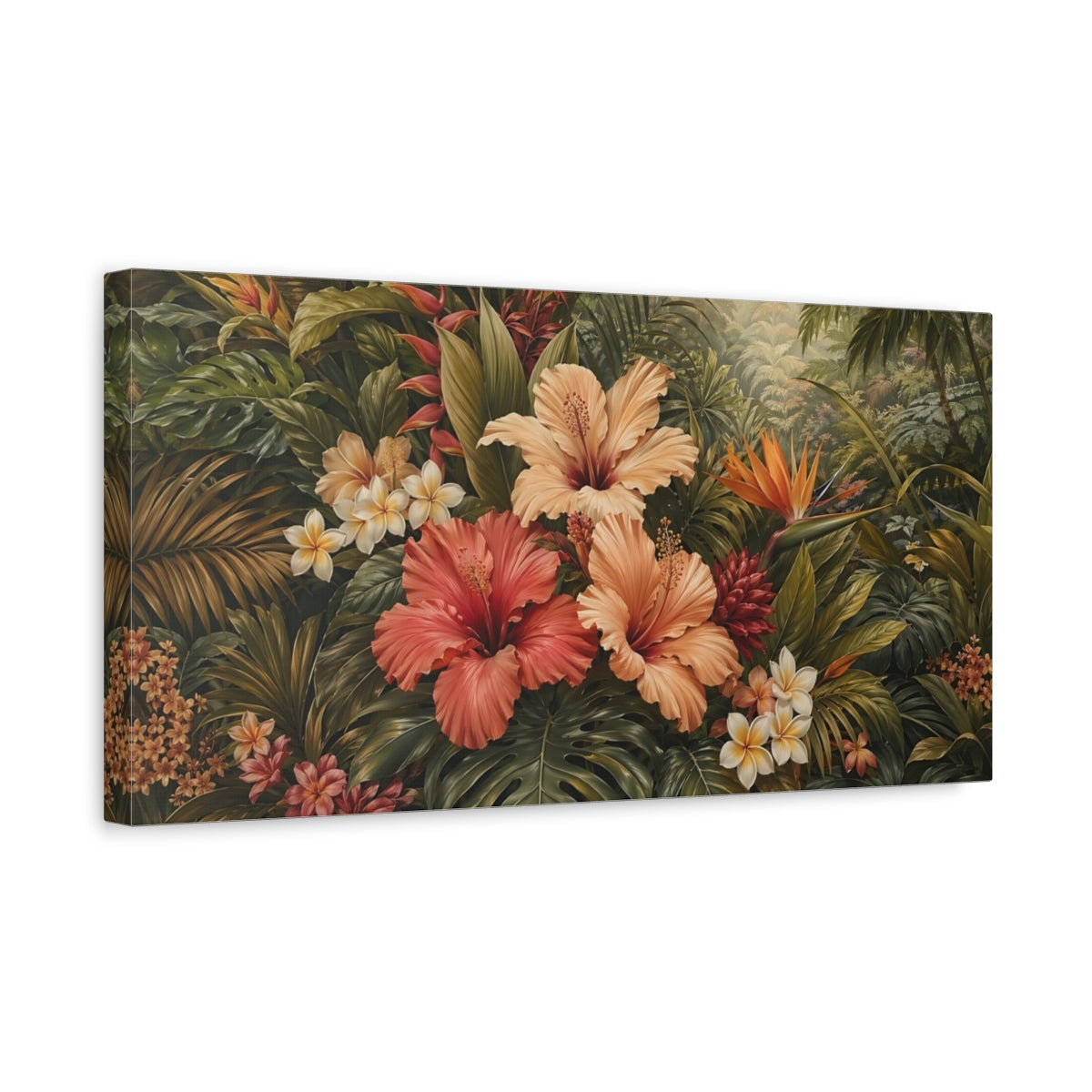 Side Mockup 3. Floral Tropical Flowers Lush Tropical Floral shown as stretched canvas wall art