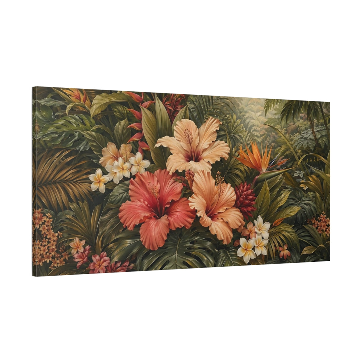 Side Mockup 2. Floral Tropical Flowers Lush Tropical Floral shown as stretched canvas wall art