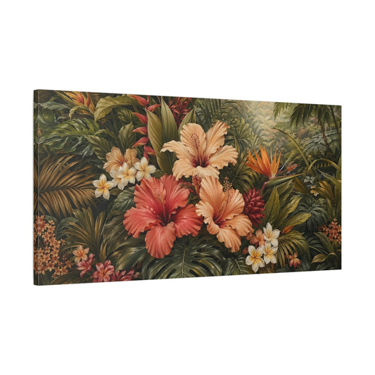 Main Mockup. Floral Tropical Flowers Lush Tropical Floral shown as stretched canvas wall art