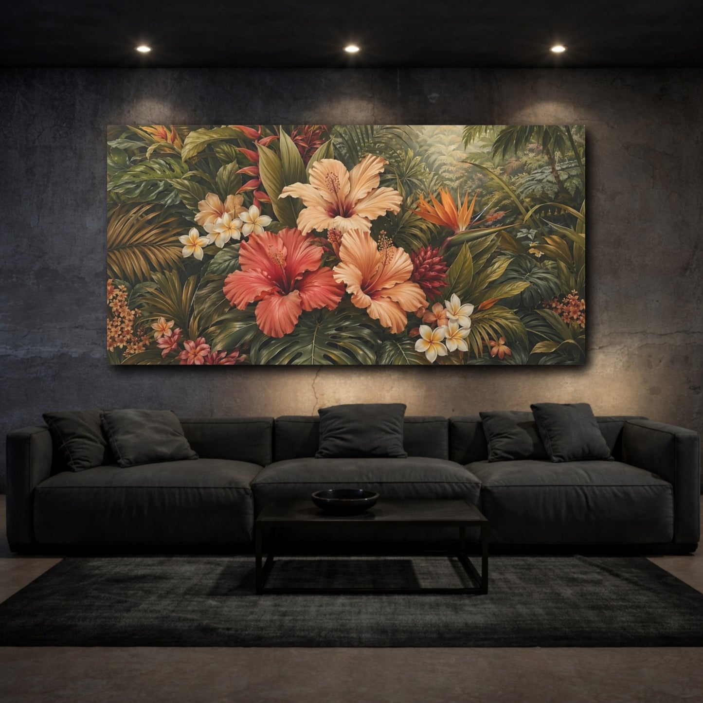 Mockup 2. Floral Tropical Flowers Lush Tropical Floral shown as stretched canvas wall art