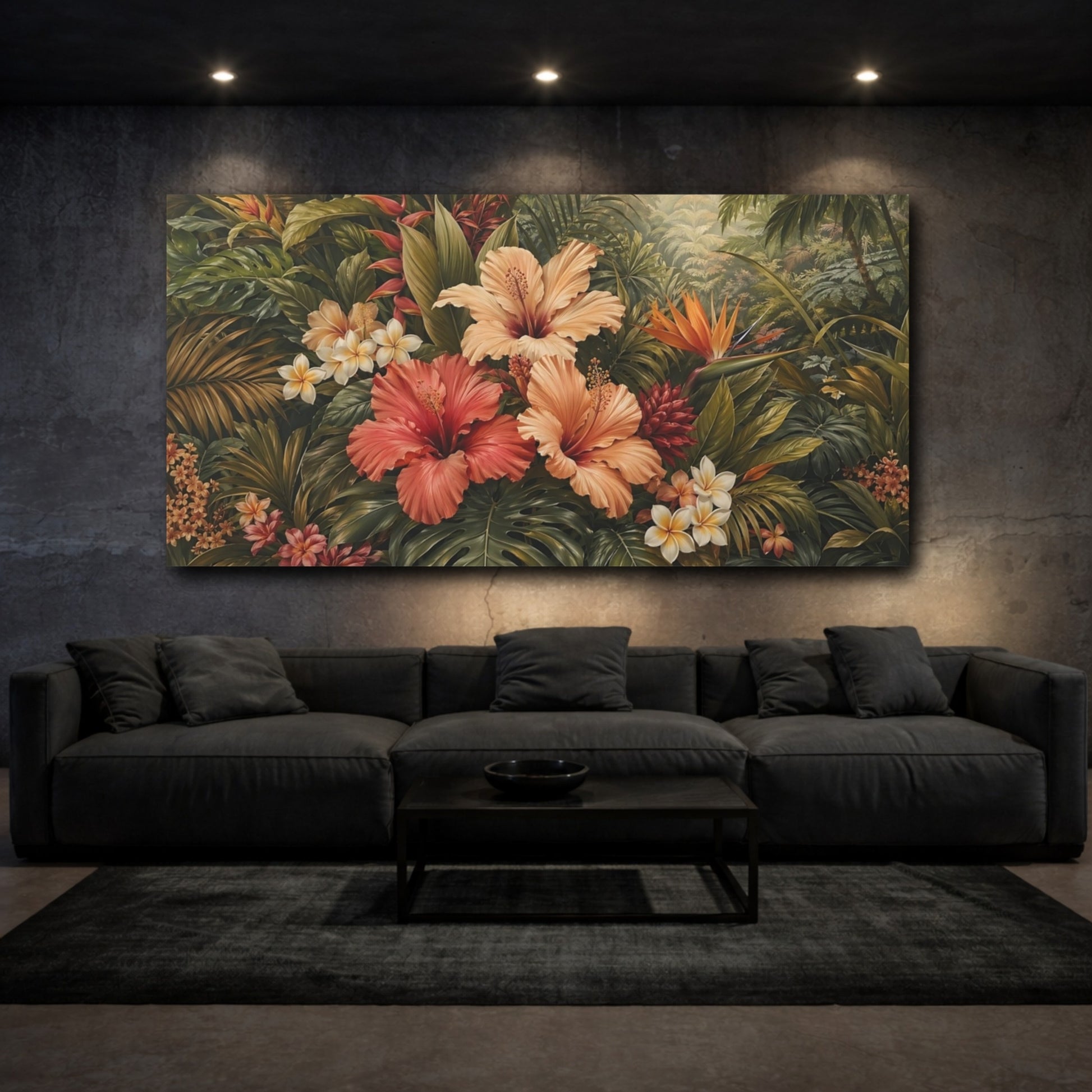 Mockup 2. Floral Tropical Flowers Lush Tropical Floral shown as stretched canvas wall art