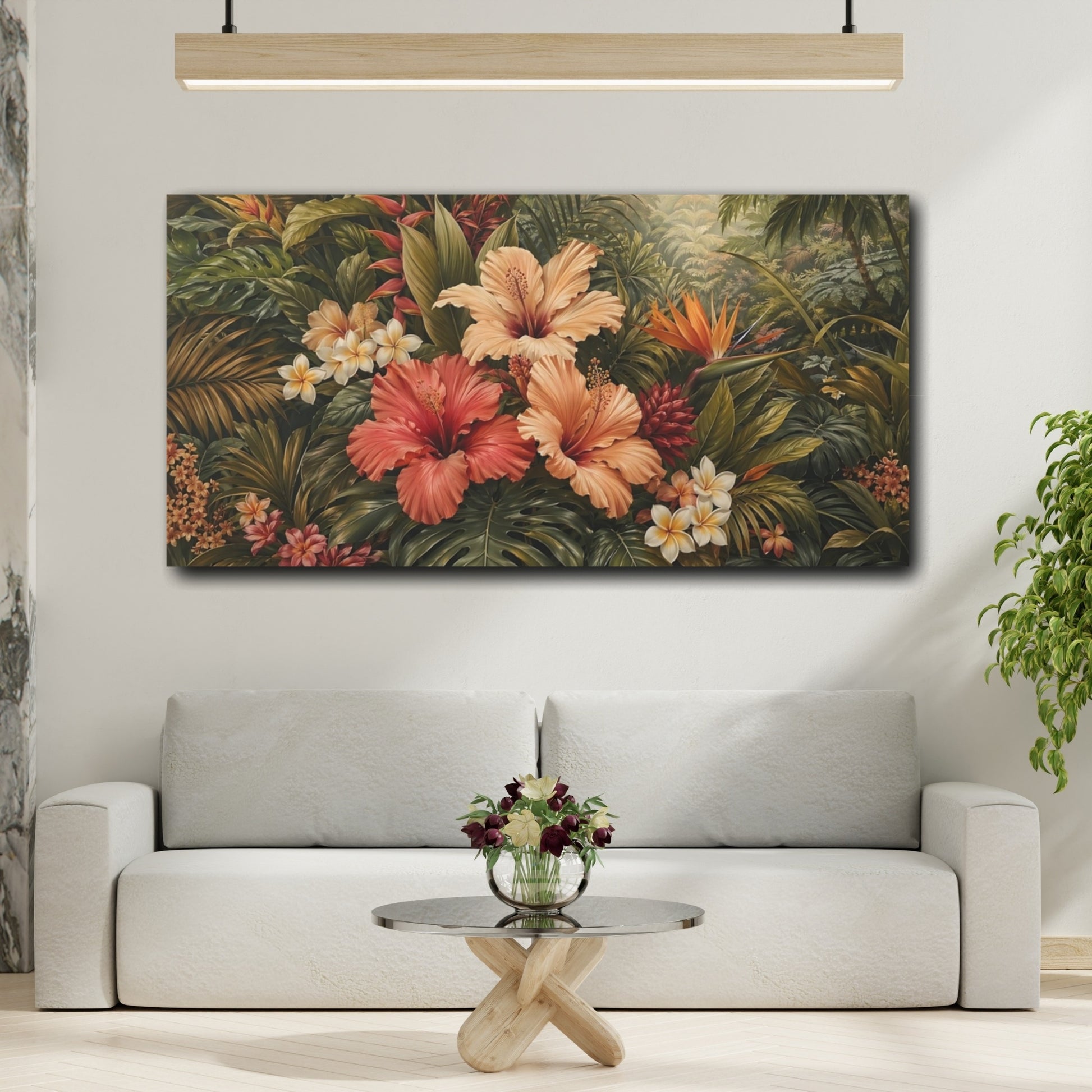 Mockup 3. Floral Tropical Flowers Lush Tropical Floral shown as stretched canvas wall art