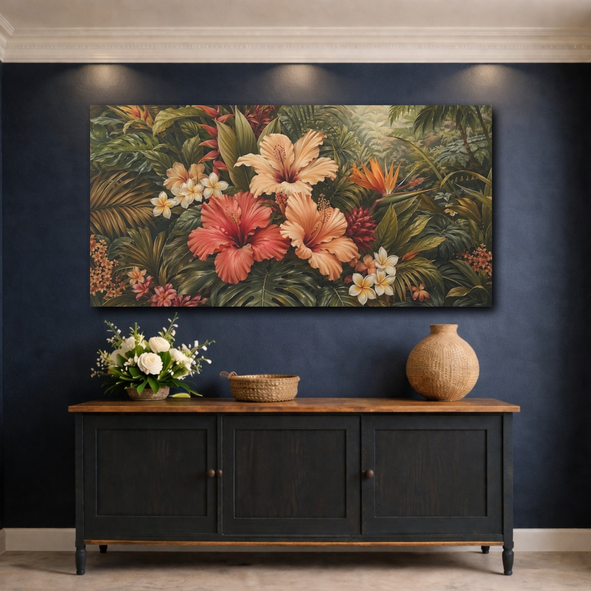 Mockup 4. Floral Tropical Flowers Lush Tropical Floral shown as stretched canvas wall art