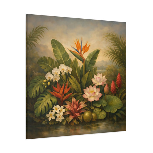 Main Mockup. Floral Tropical Flowers Tropical Floral shown as stretched canvas wall art