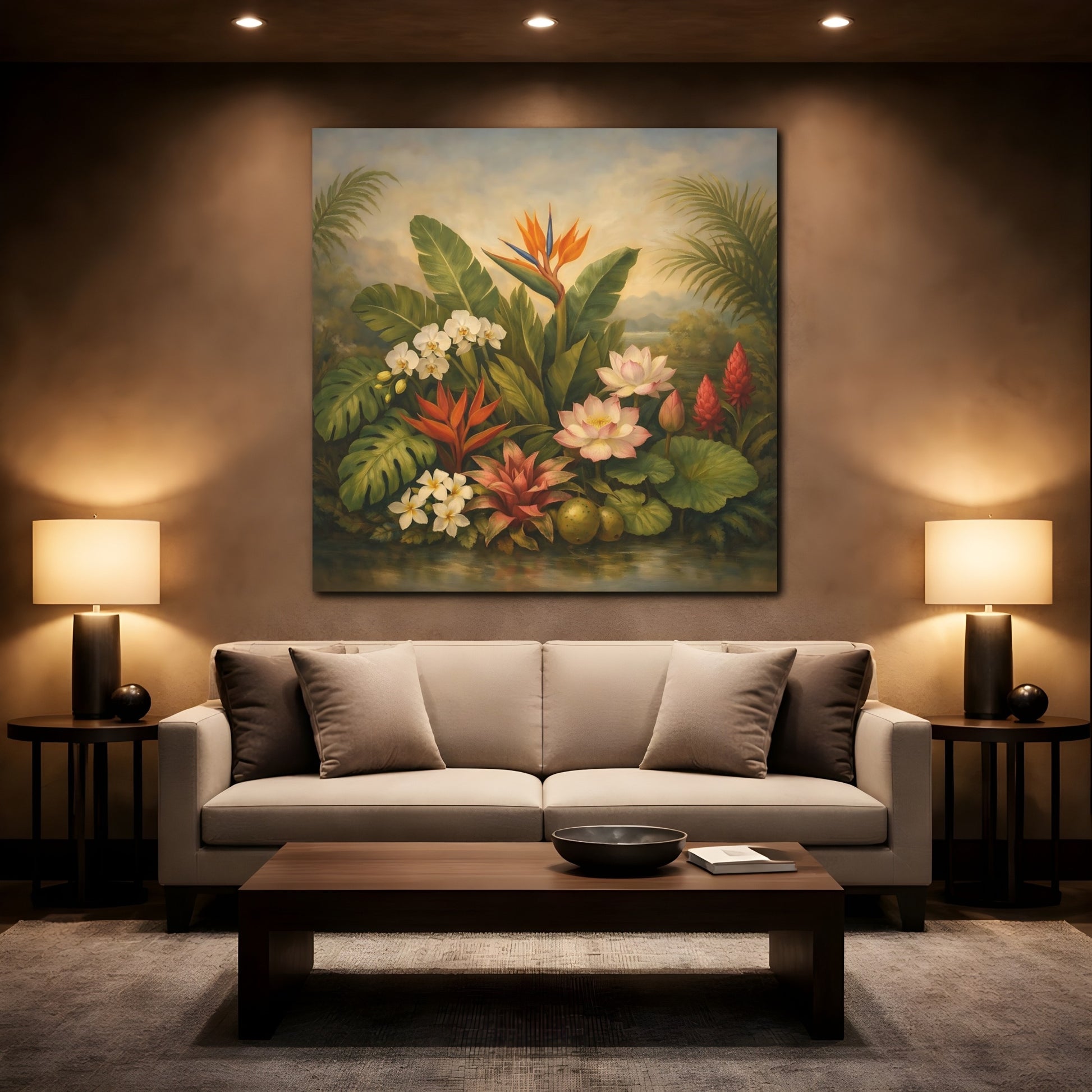 Mockup 2. Floral Tropical Flowers Tropical Floral shown as stretched canvas wall art