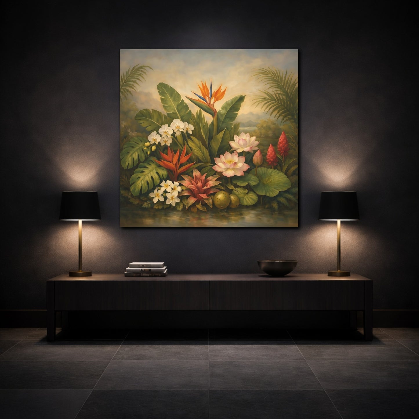 Mockup 3. Floral Tropical Flowers Tropical Floral shown as stretched canvas wall art