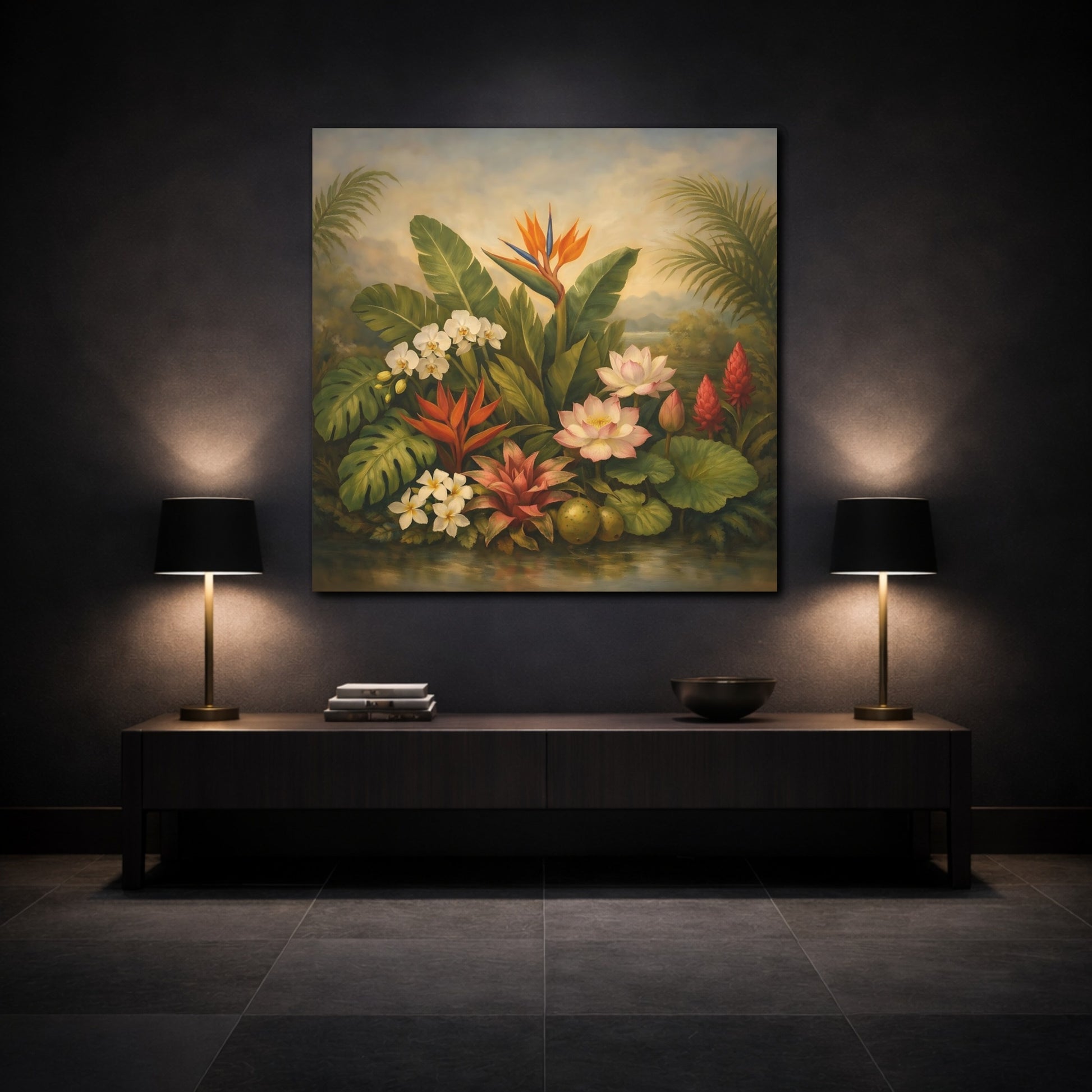 Mockup 3. Floral Tropical Flowers Tropical Floral shown as stretched canvas wall art