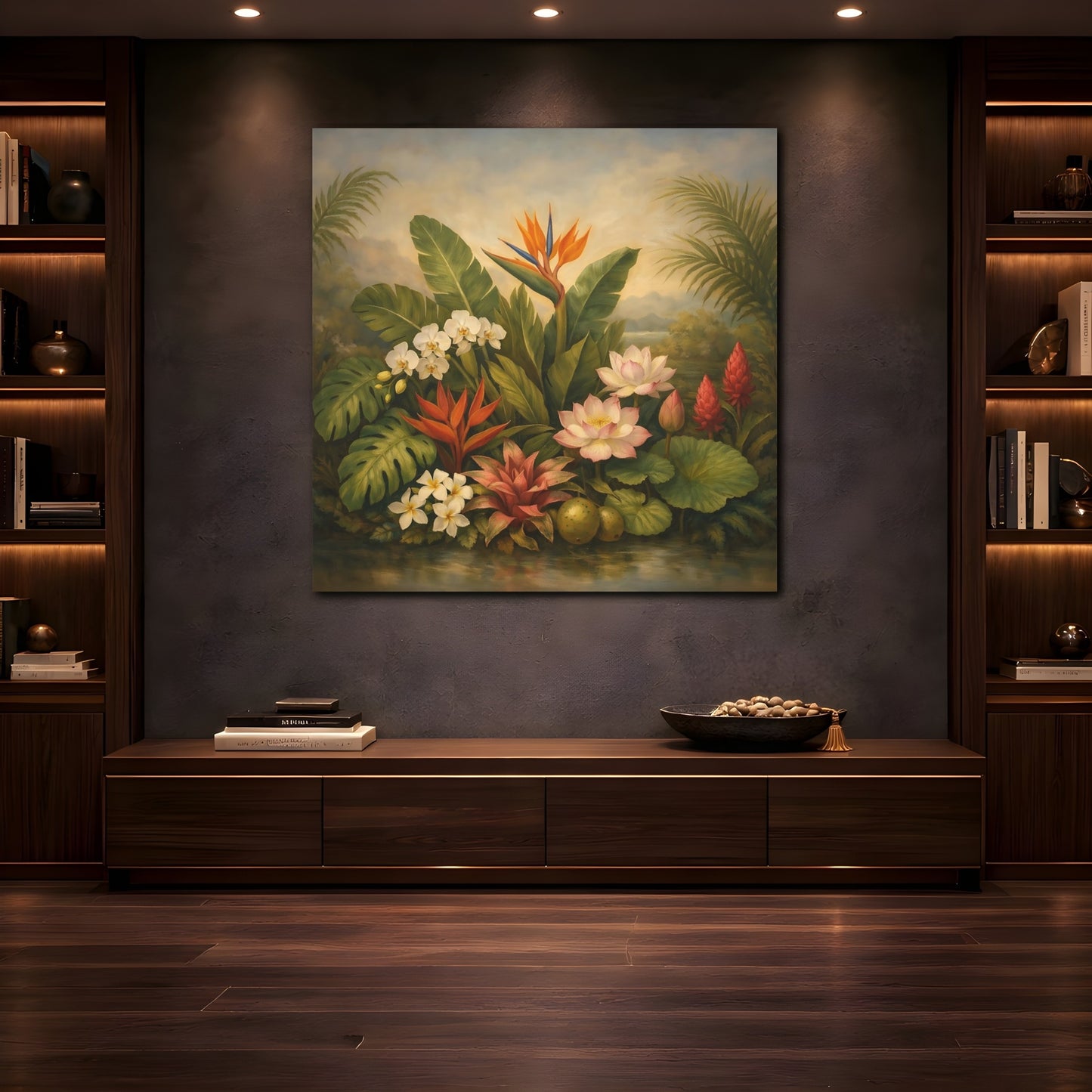 Mockup 4. Floral Tropical Flowers Tropical Floral shown as stretched canvas wall art
