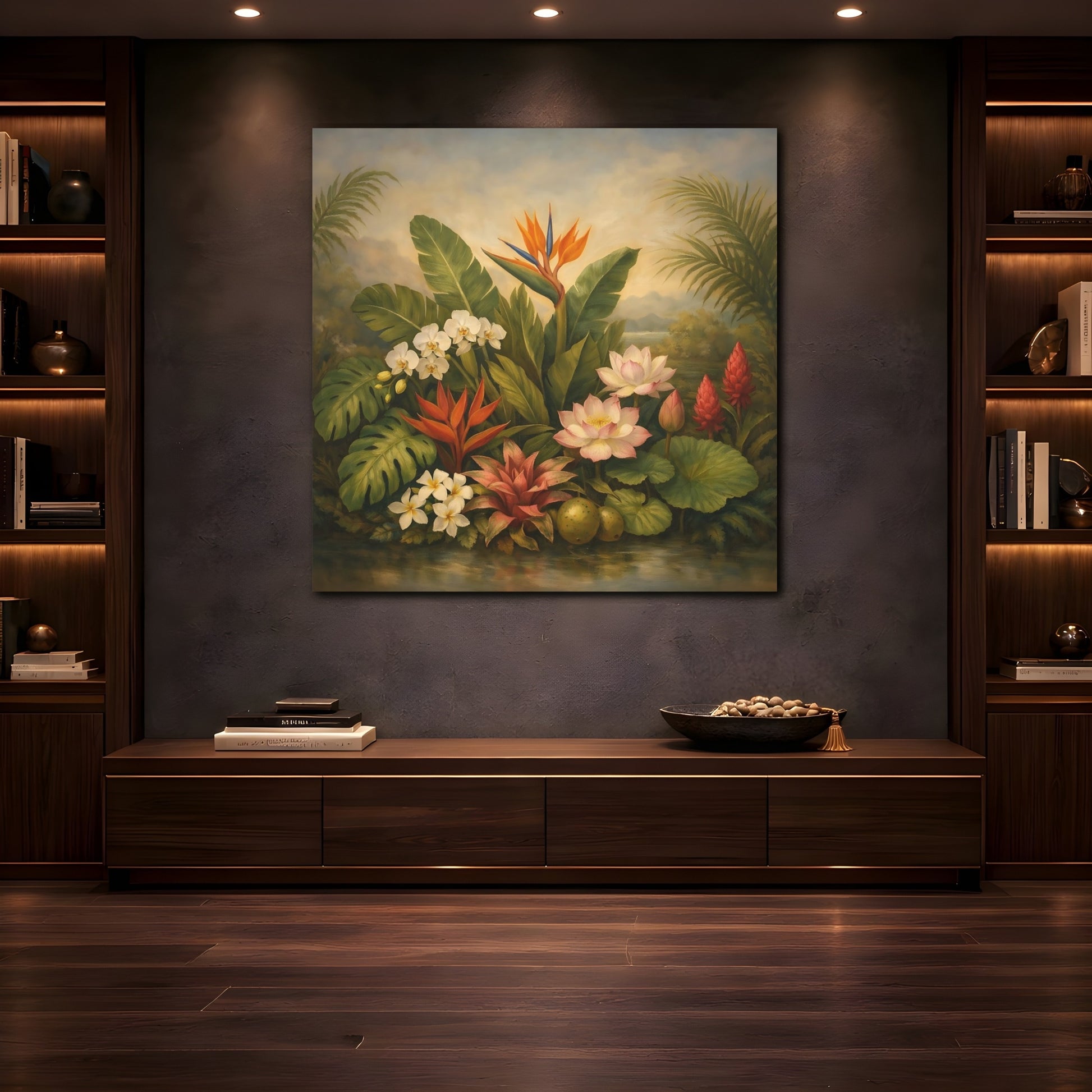 Mockup 4. Floral Tropical Flowers Tropical Floral shown as stretched canvas wall art