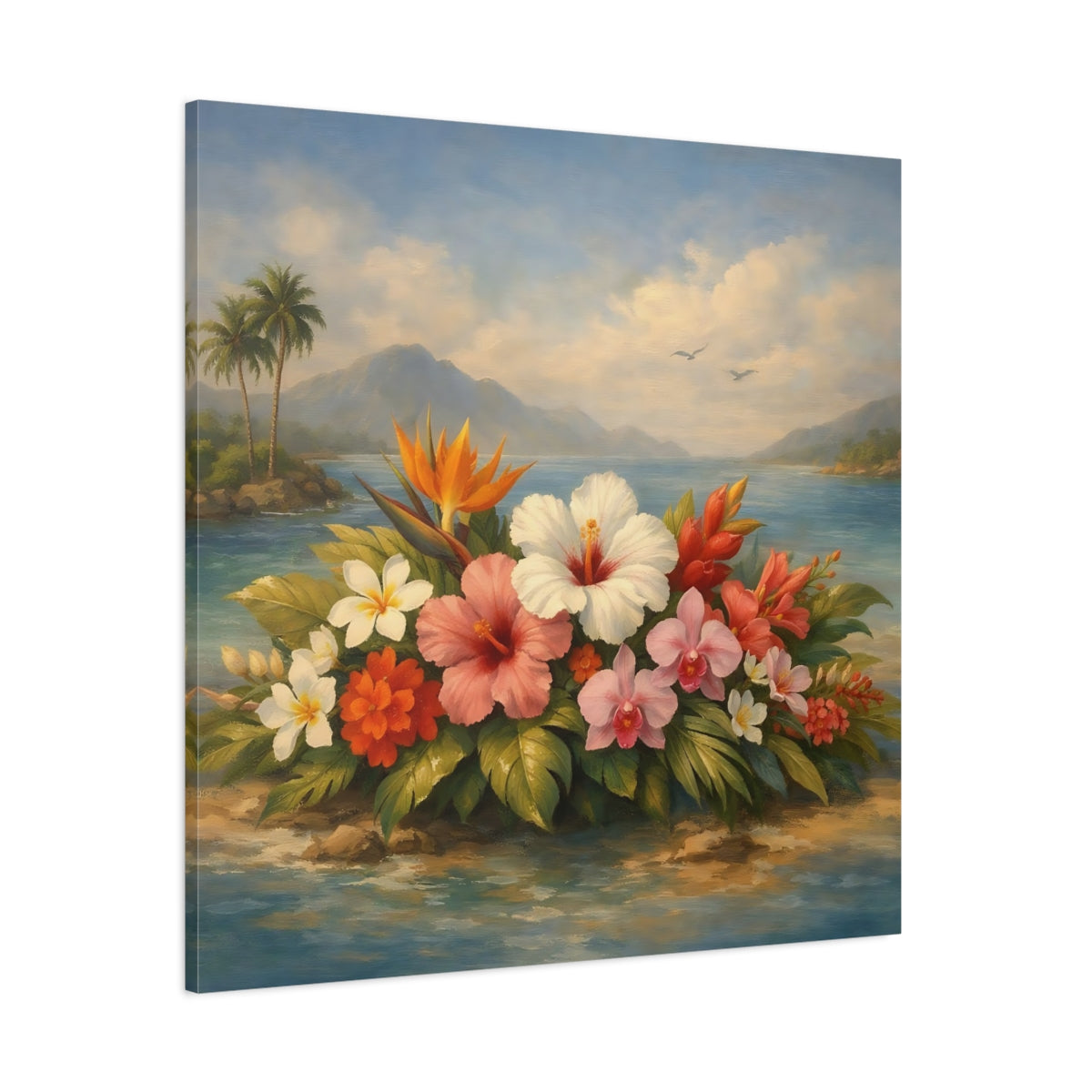 Main Mockup. Floral Tropical Flowers Vibrant Tropical Floral shown as stretched canvas wall art
