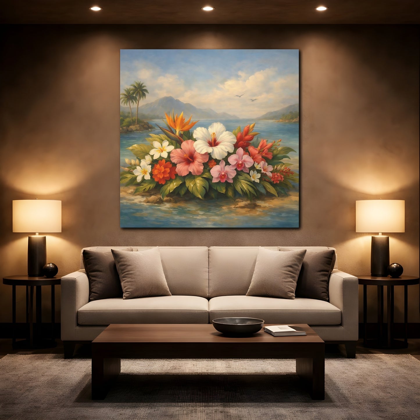 Mockup 2. Floral Tropical Flowers Vibrant Tropical Floral shown as stretched canvas wall art