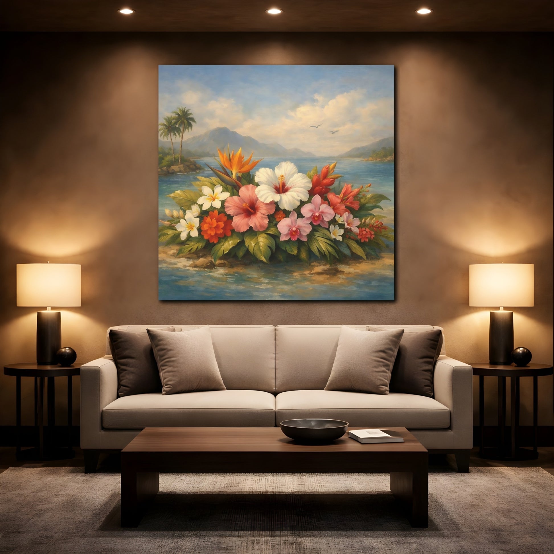 Mockup 2. Floral Tropical Flowers Vibrant Tropical Floral shown as stretched canvas wall art